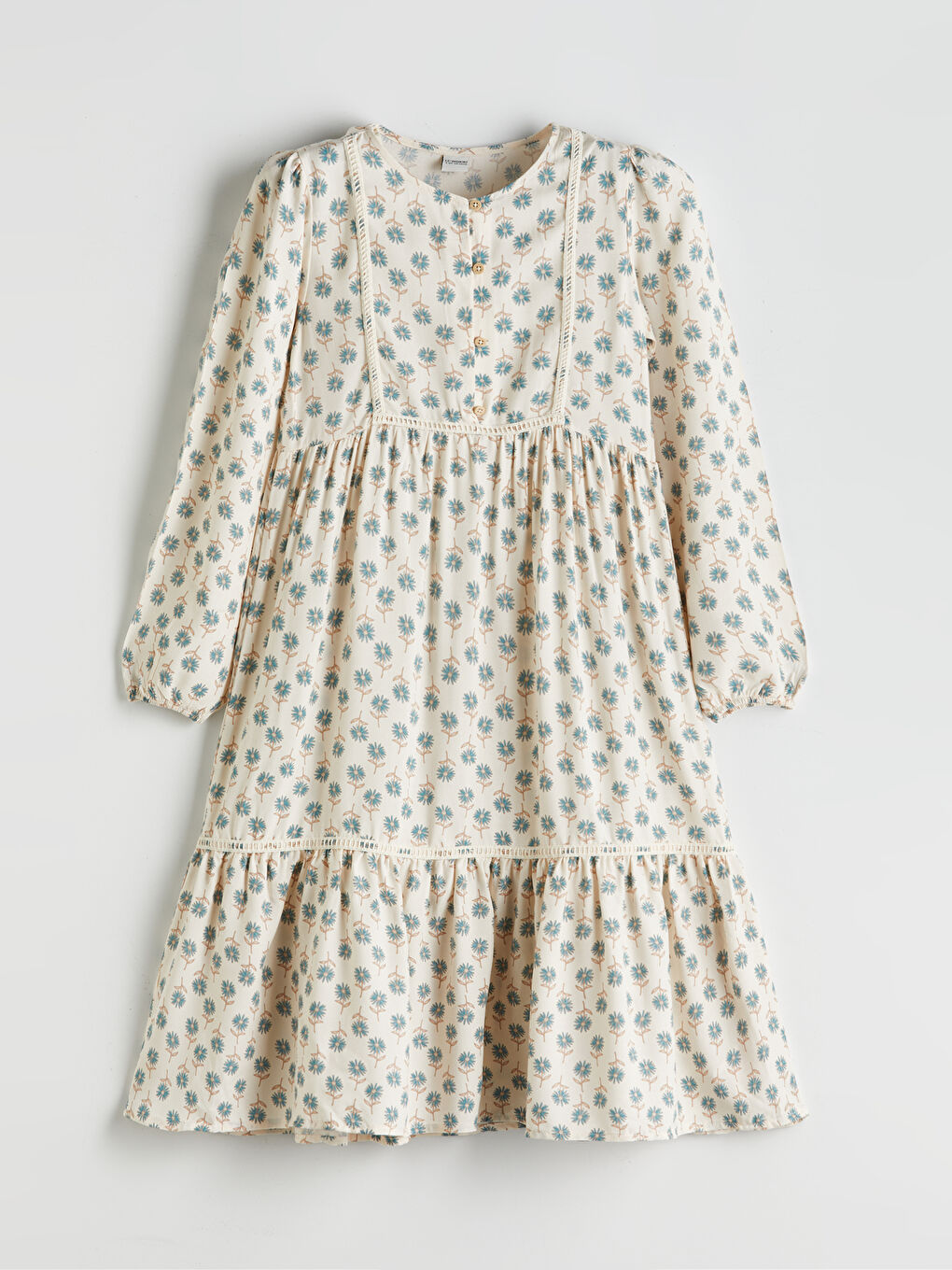 Ekru Bisiklet Yaka Çiçekli Kız Çocuk Elbise-2