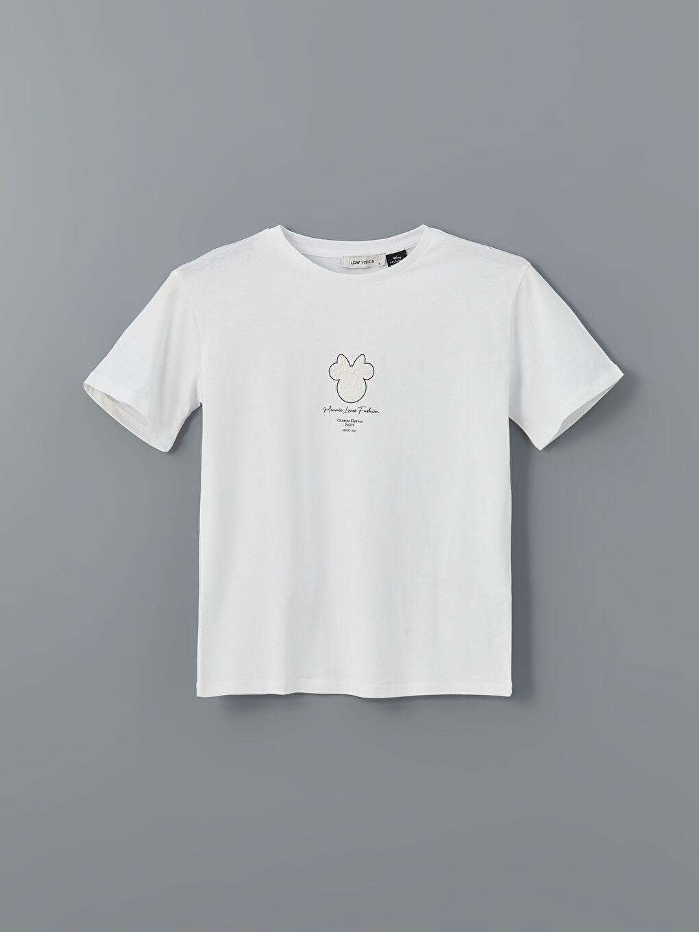 Beyaz Bisiklet Yaka Minnie Mouse Baskılı Kadın Tişört-4