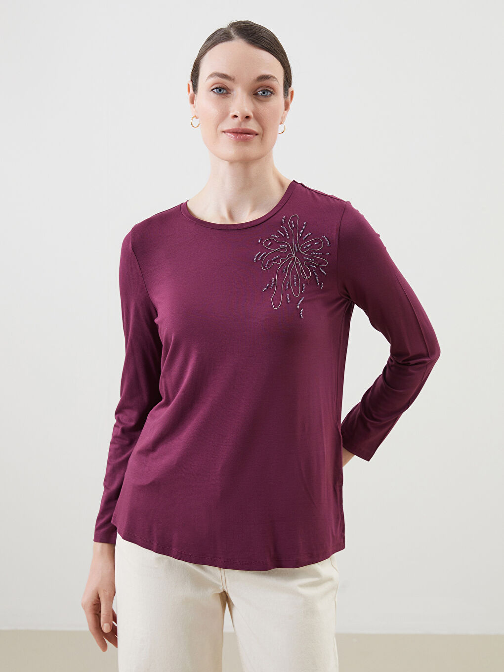 Crew Neck Stone Printed Women's Blouse -S5IV99Z8-HNN