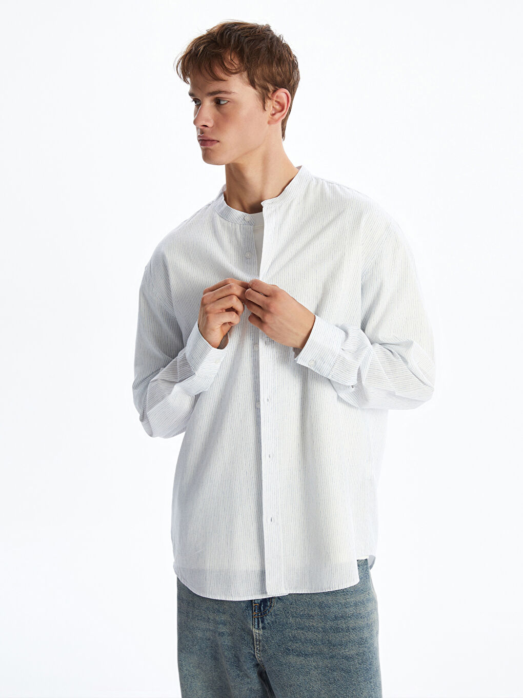 Regular Fit Collar Long Sleeve Striped Poplin Men's Shirt -S5IY49Z8-LEN