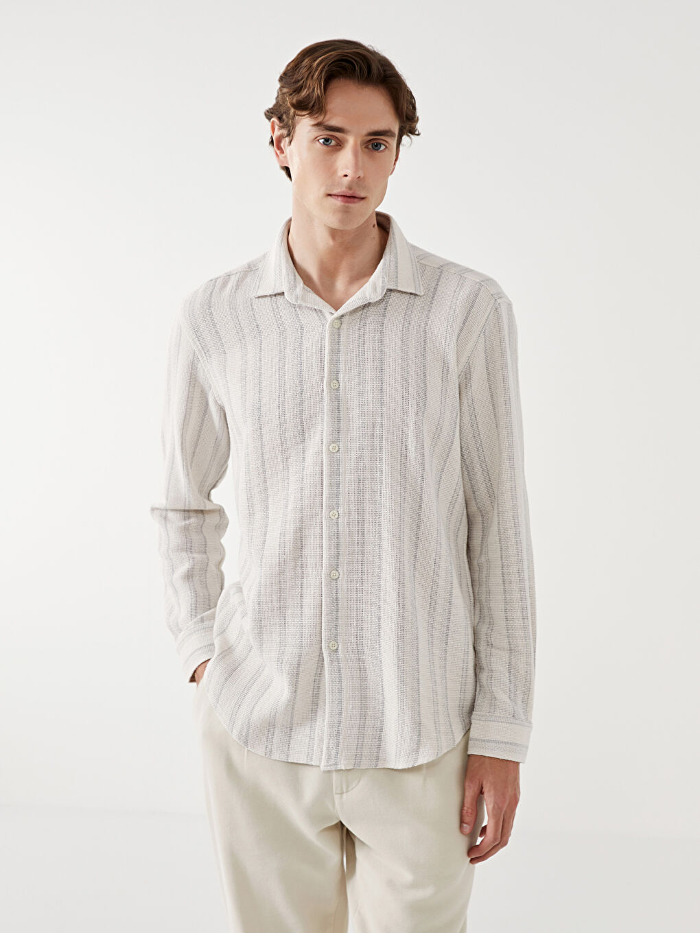 Gri Regular Fit Uzun Kollu Çizgili Erkek Gömlek