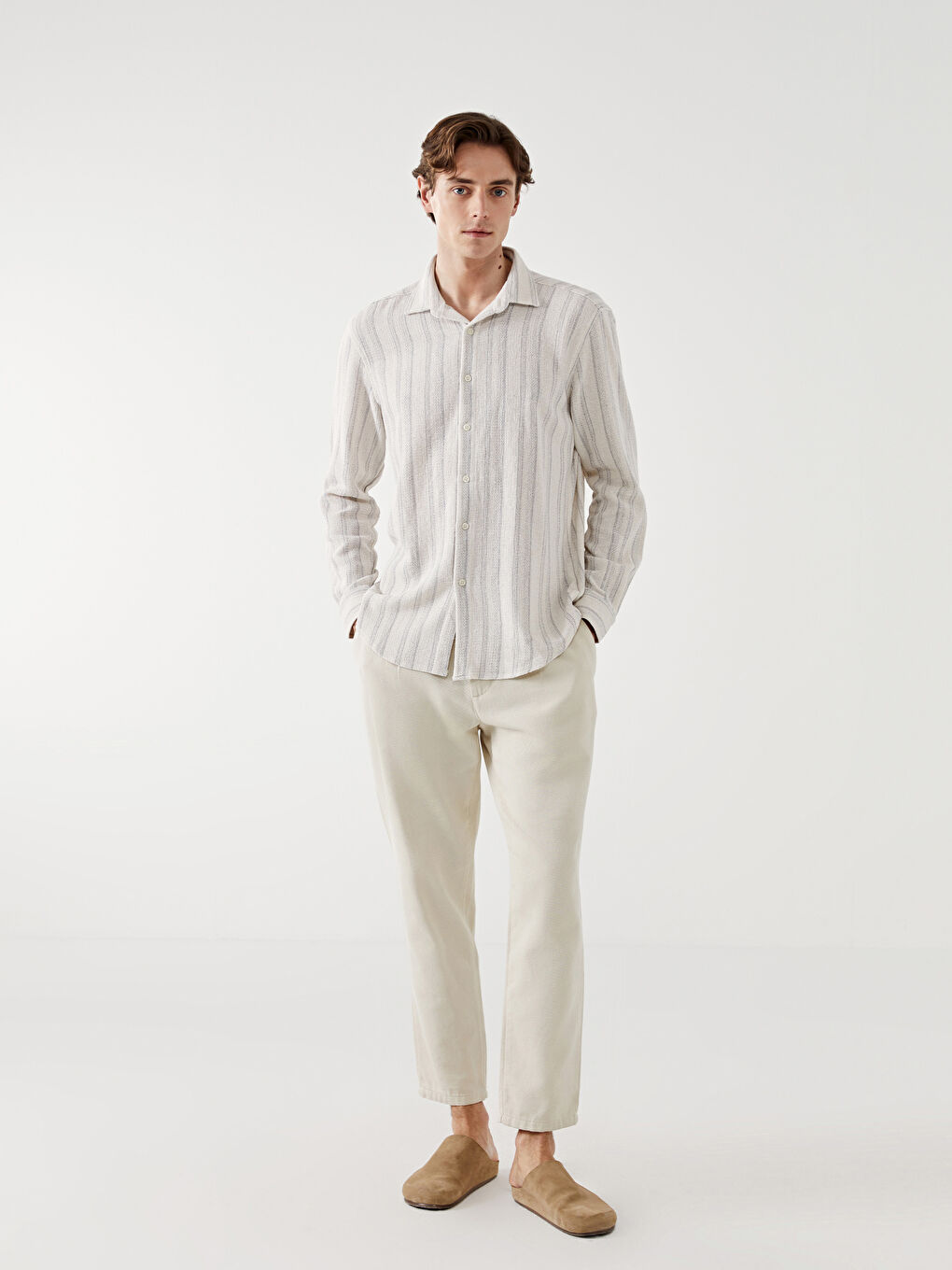 Gri Regular Fit Uzun Kollu Çizgili Erkek Gömlek-1