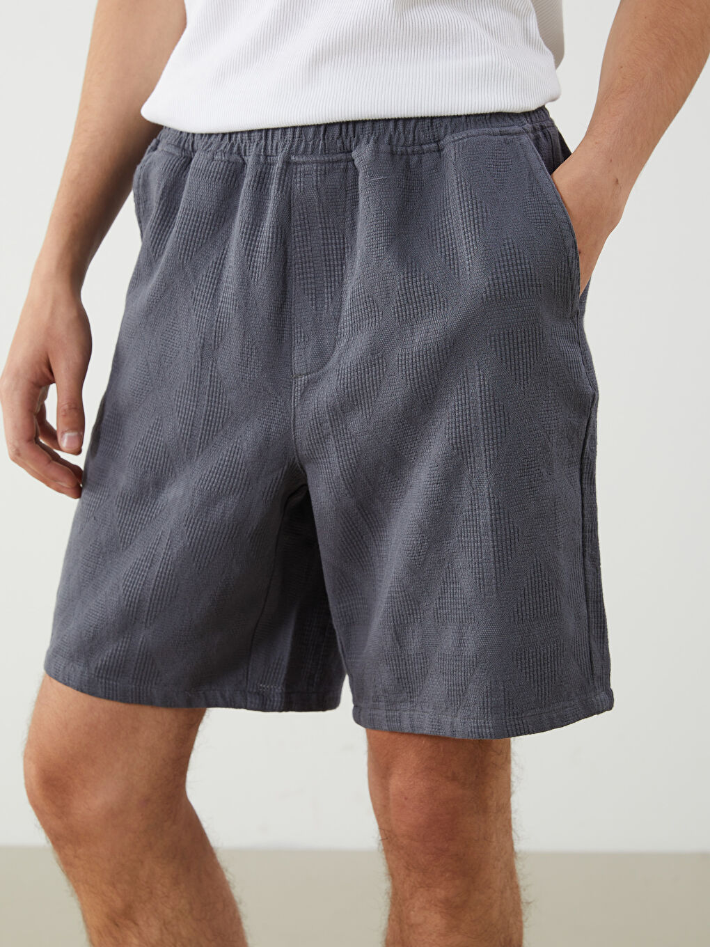 Gri Standart Kalıp Armürlü Erkek Şort-2