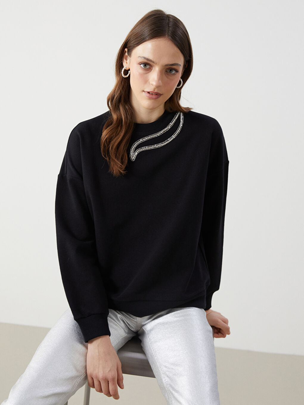 Crew Neck Embroidered Women's Sweatshirt Tunic -S5J225Z8-CVL