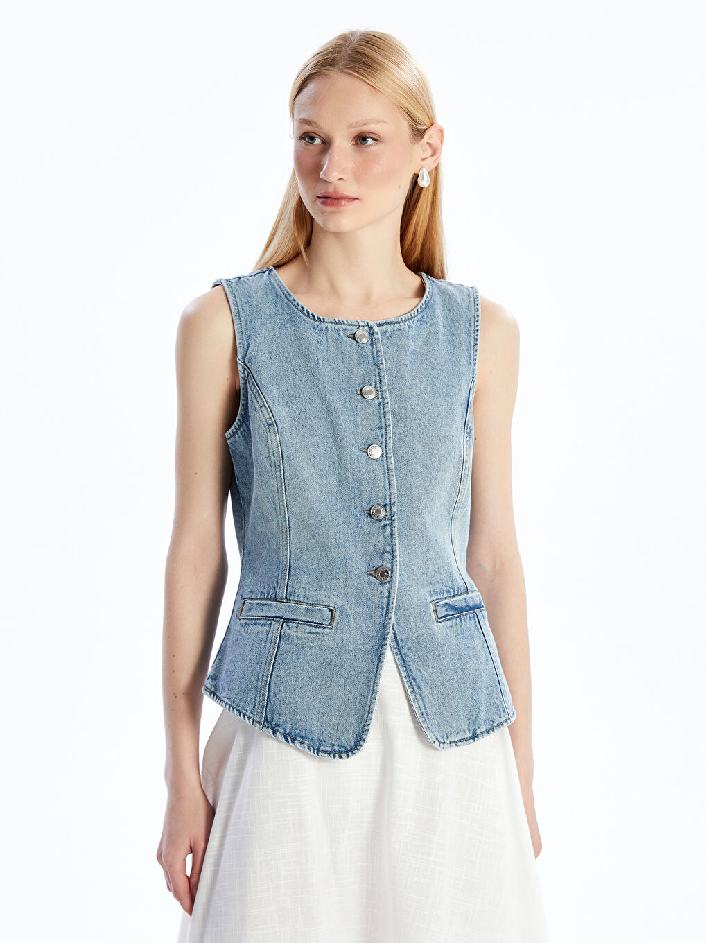 LCW Vision Crew Neck Women's Denim Waistcoat -S5J349Z8-507