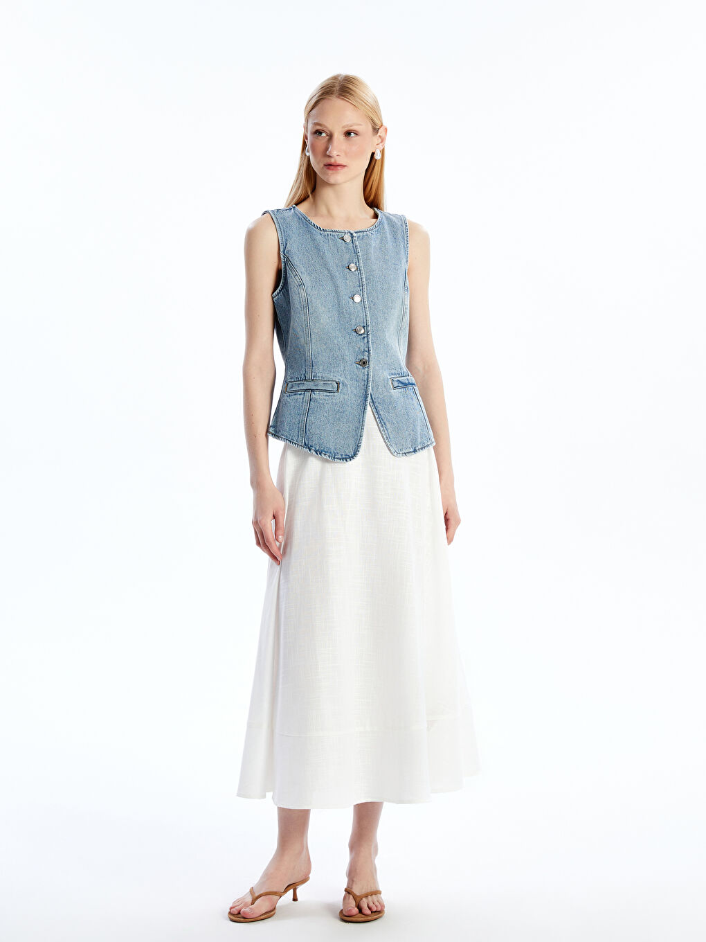 LCW Vision Crew Neck Women's Denim Waistcoat -S5J349Z8-507