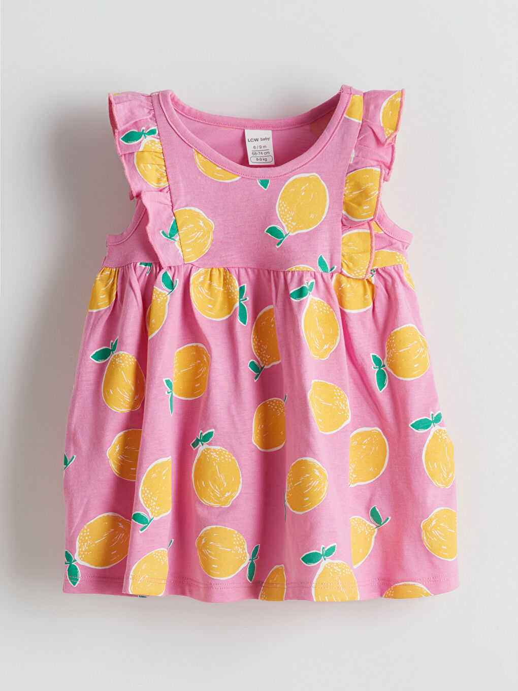 Pembe Bisiklet Yaka Fırfırlı Desenli Kız Bebek Elbise