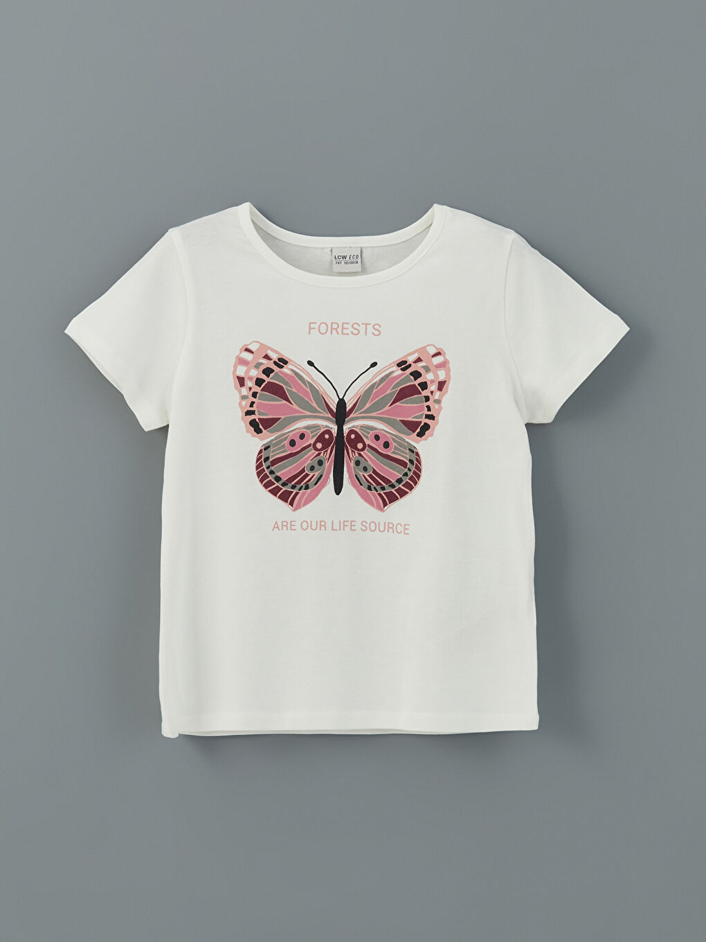 Beyaz Bisiklet Yaka Kelebek Baskılı Kız Çocuk Tişört