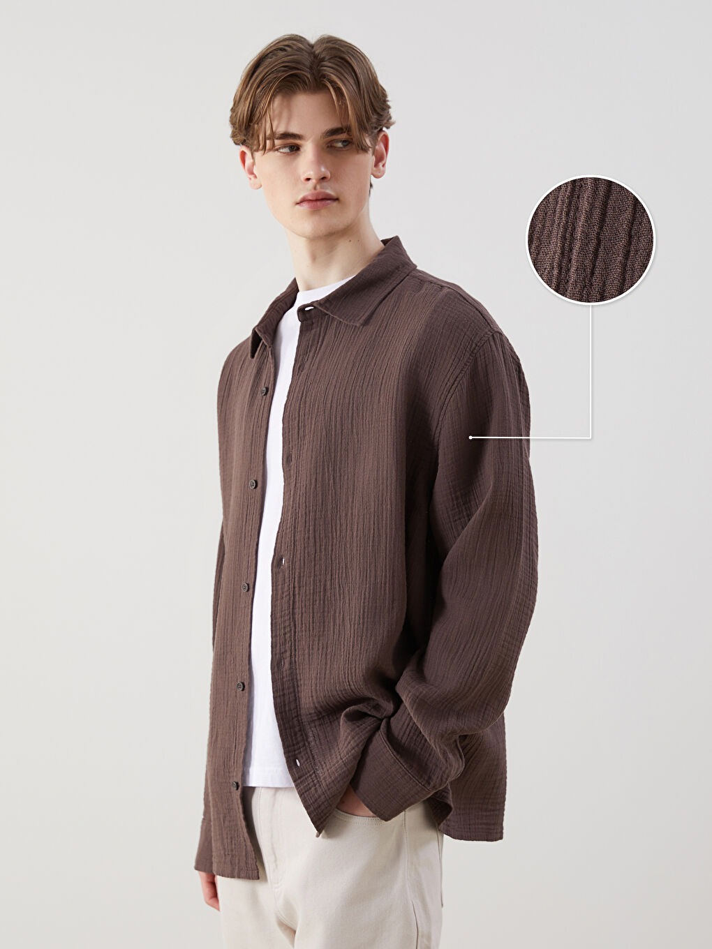 Kahverengi Regular Fit Uzun Kollu Müslin Erkek Gömlek