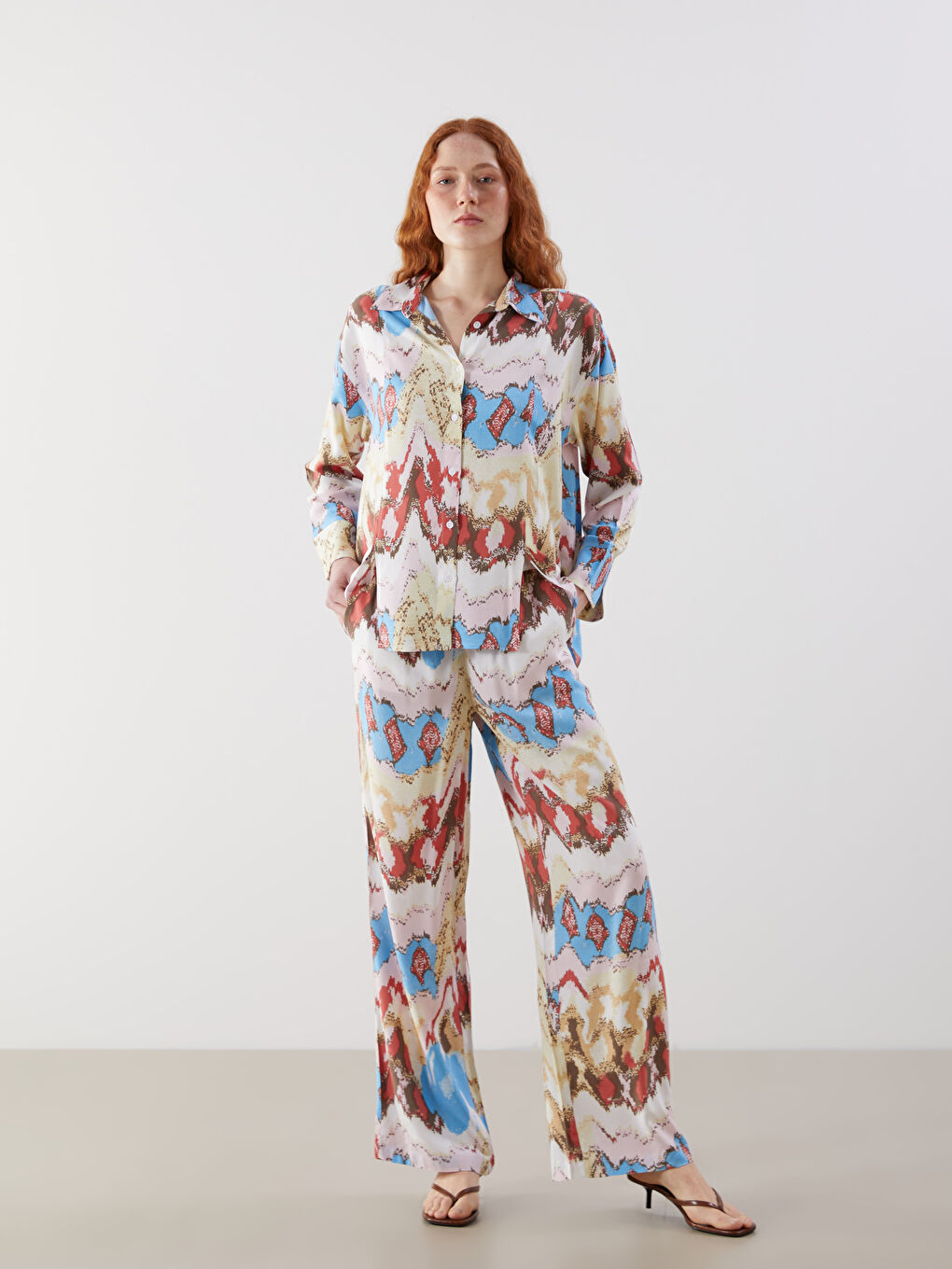 LCW Vision Elasticated Waist Patterned Wide Leg Women's Trousers -S5J498Z8-LQY