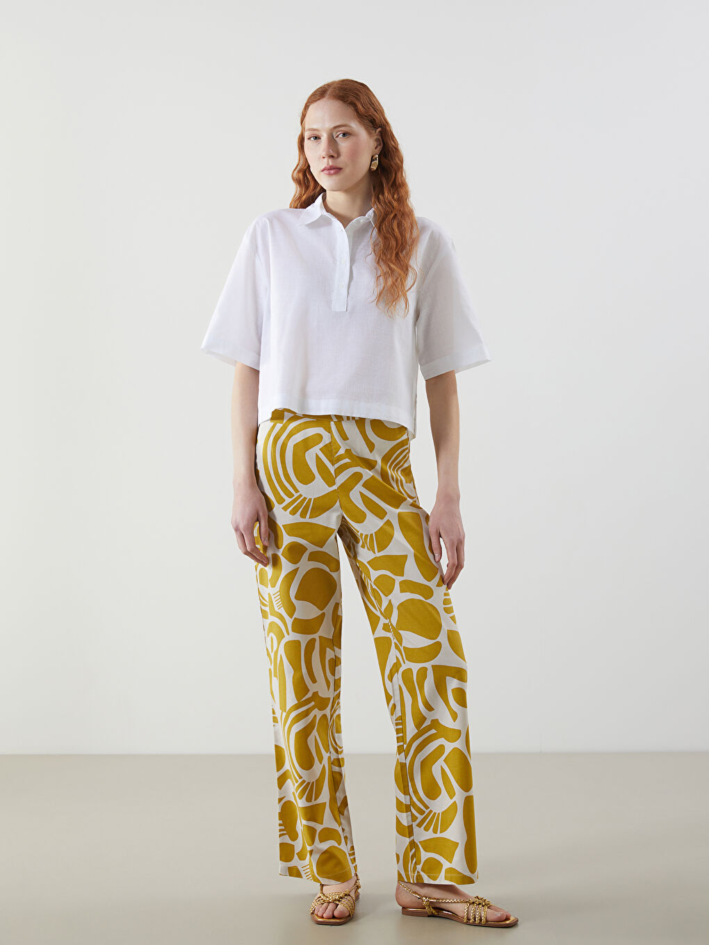 Pantalone za žene od mešavine lana sa elastičnim strukom -S5J501Z8-LRR