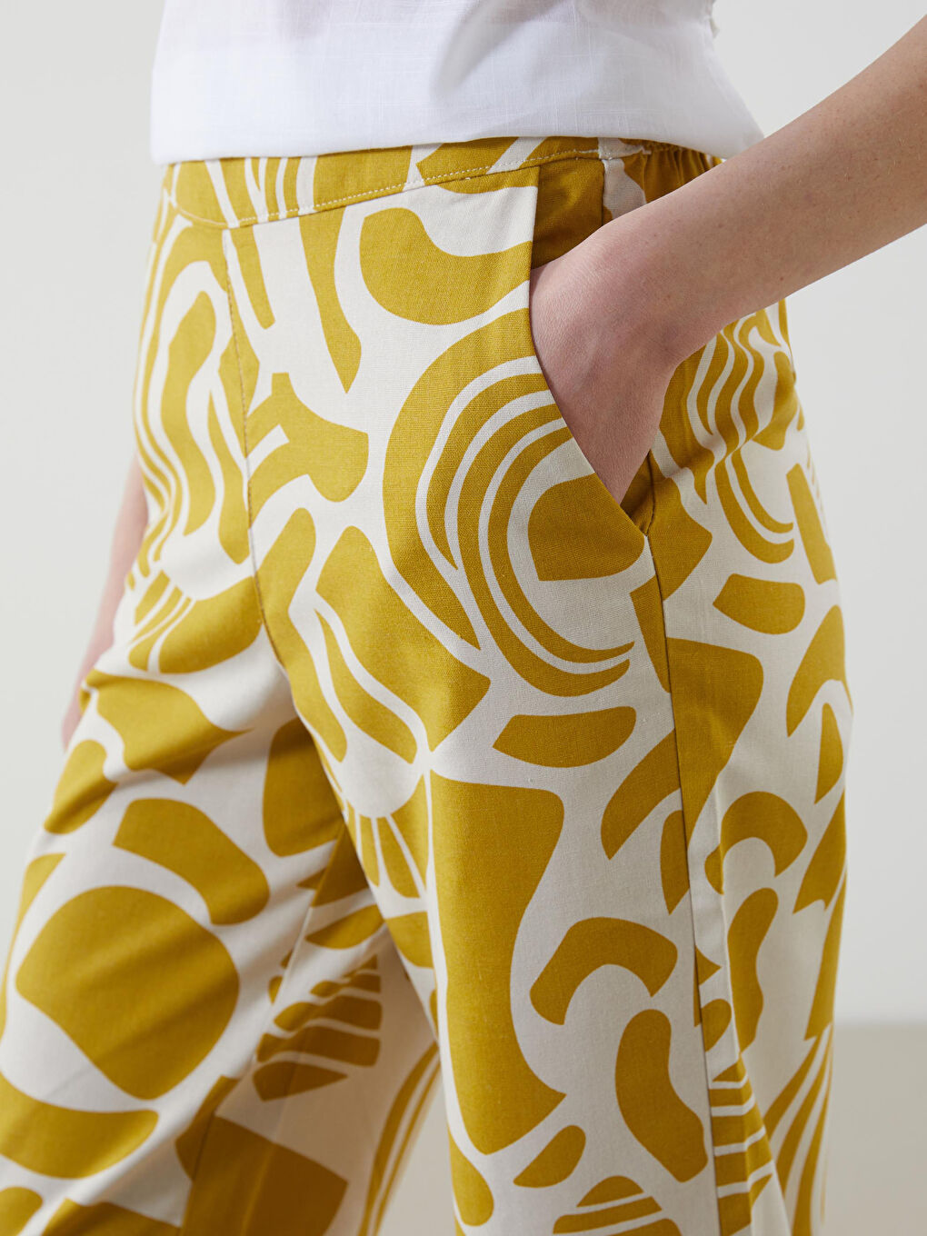 Pantalone za žene od mešavine lana sa elastičnim strukom -S5J501Z8-LRR