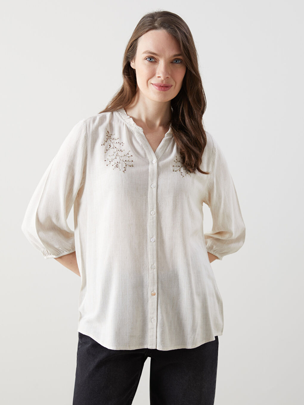 Linen Blend Floral Women's Shirt -S5J602Z8-ELZ