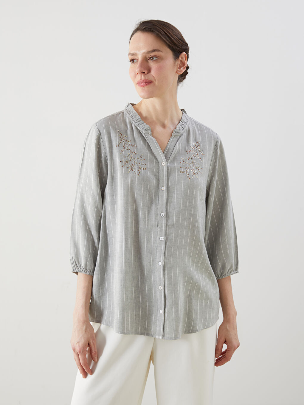 Linen Blend Floral Women's Shirt -S5J602Z8-LGD