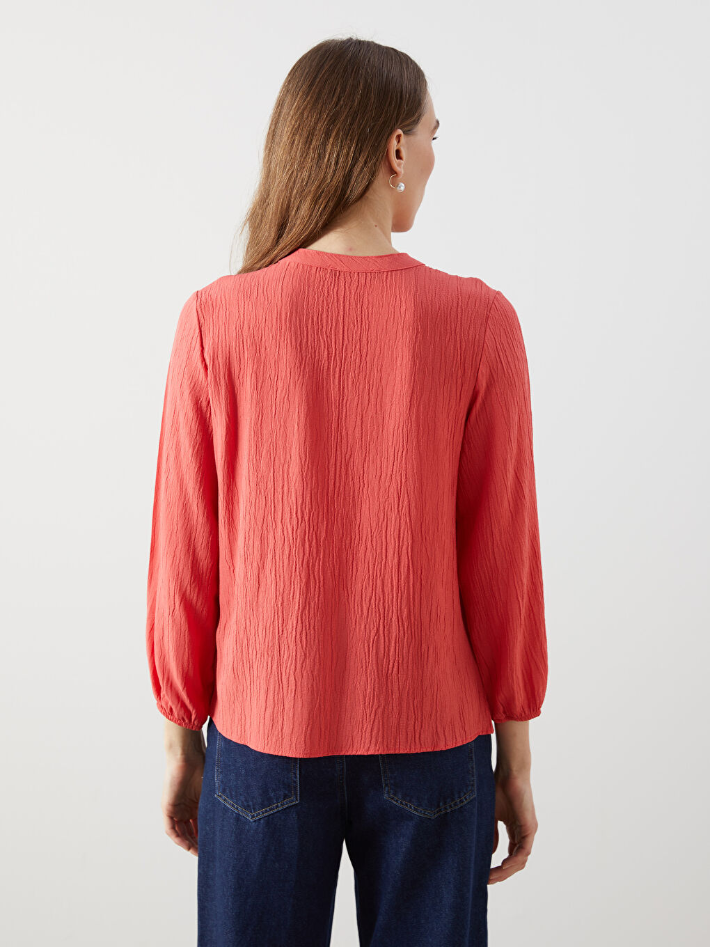 Mercan Bağlamalı Yaka Dokulu Kadın Bluz-3