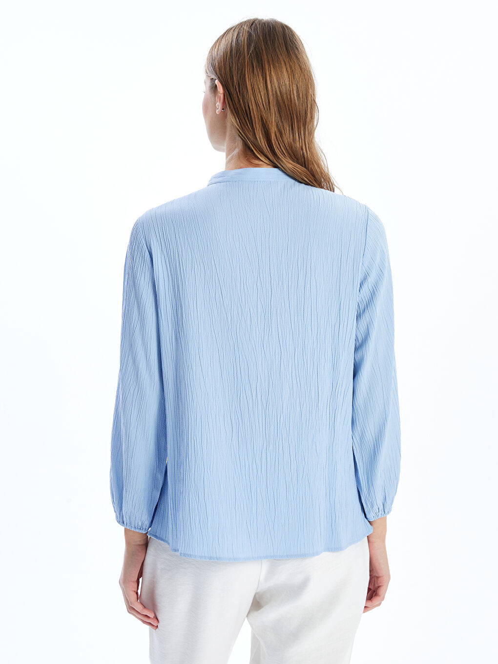 Mavi Bağlamalı Yaka Dokulu Bluz-3