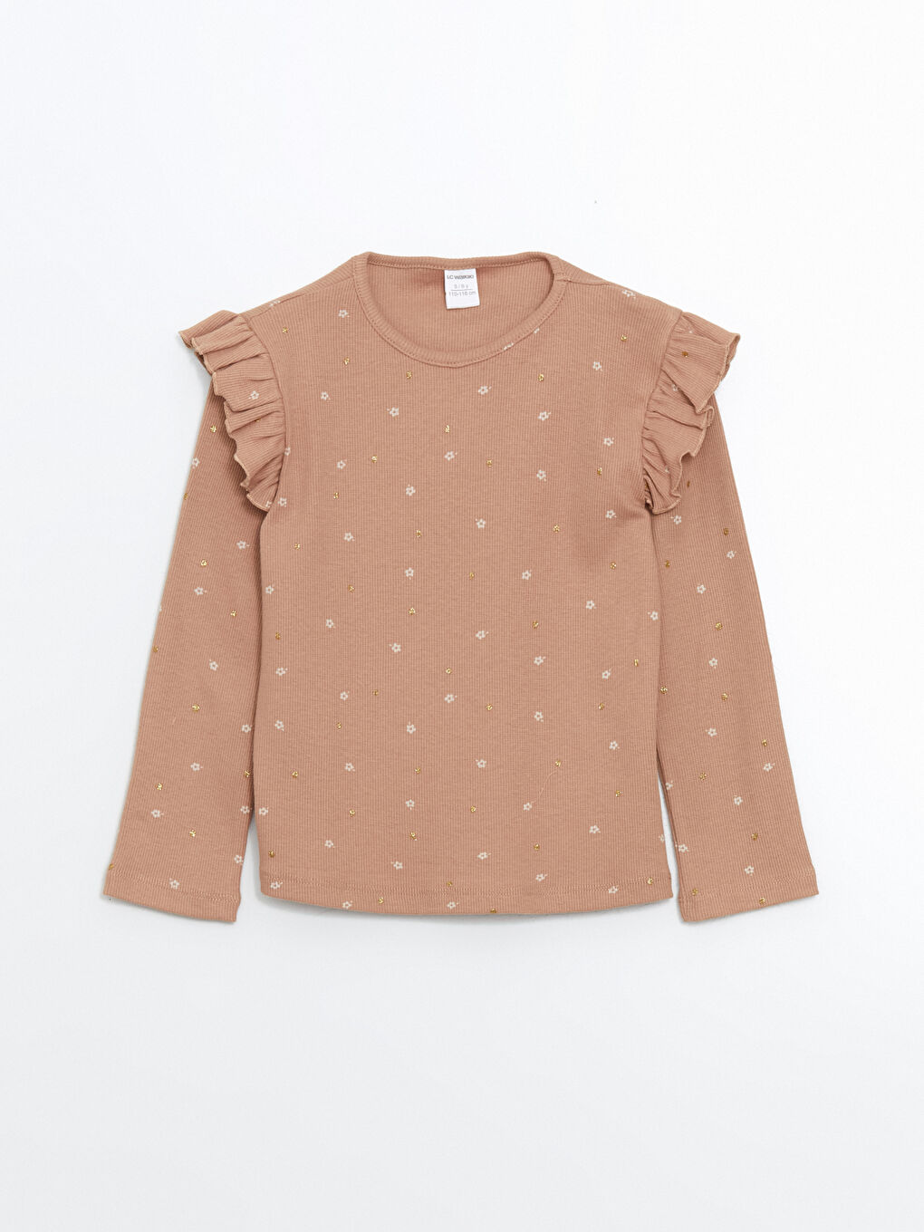 Kahverengi Bisiklet Yaka Çiçekli Kız Çocuk Tişört