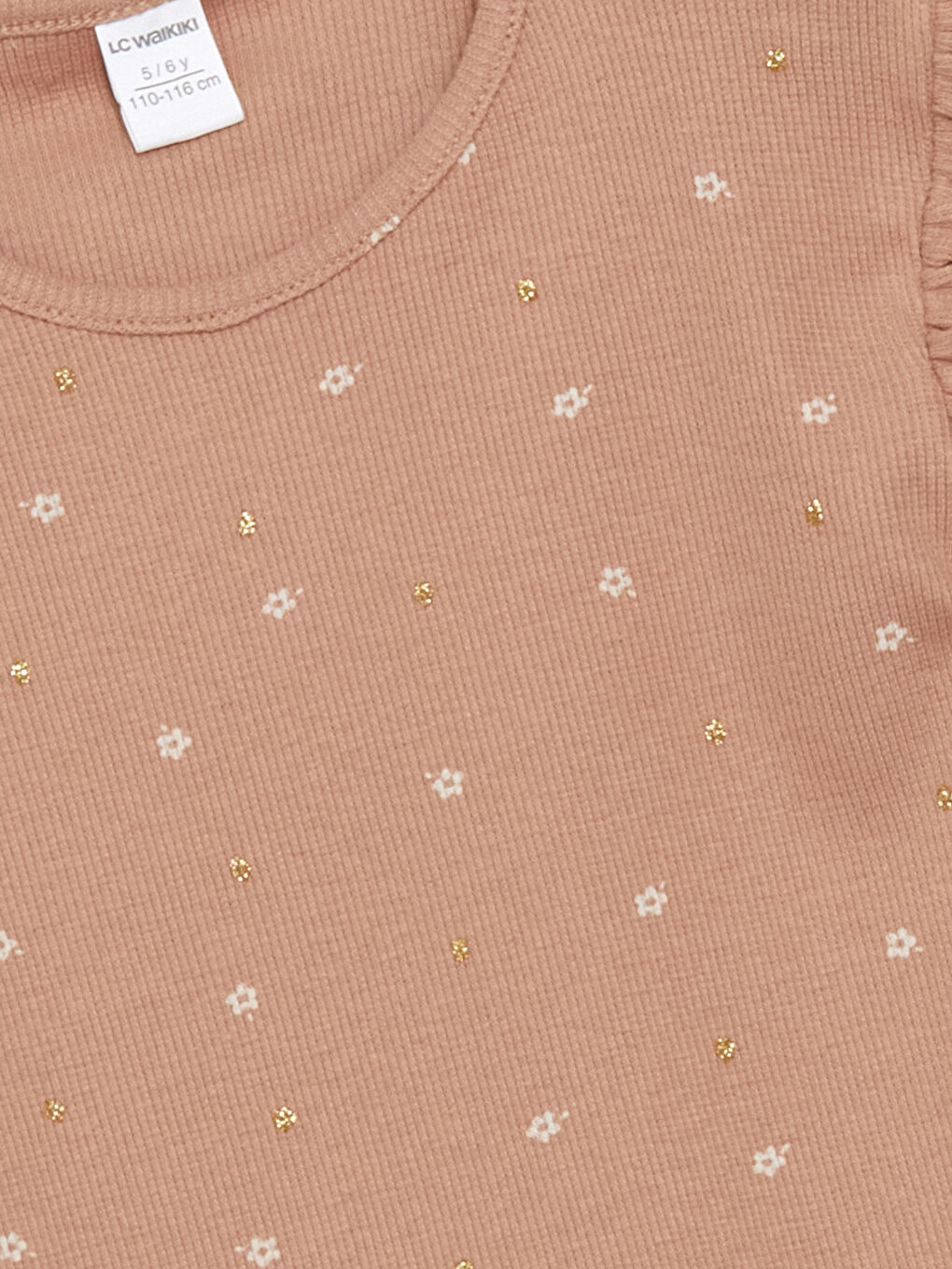 Kahverengi Bisiklet Yaka Çiçekli Kız Çocuk Tişört-1