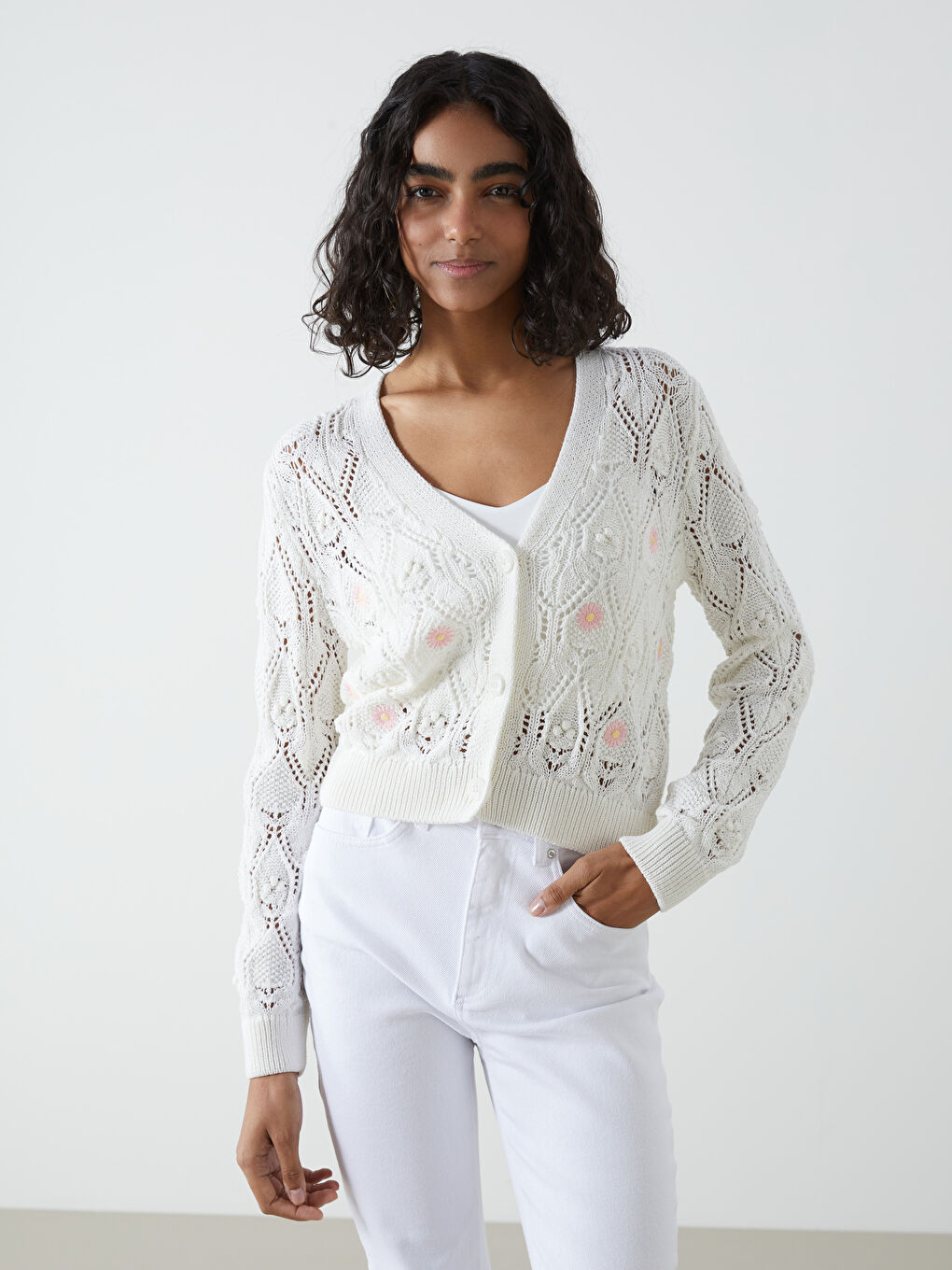 V Neck Flower Long Sleeve Women's Tricot Cardigan -S5J691Z8-R9J
