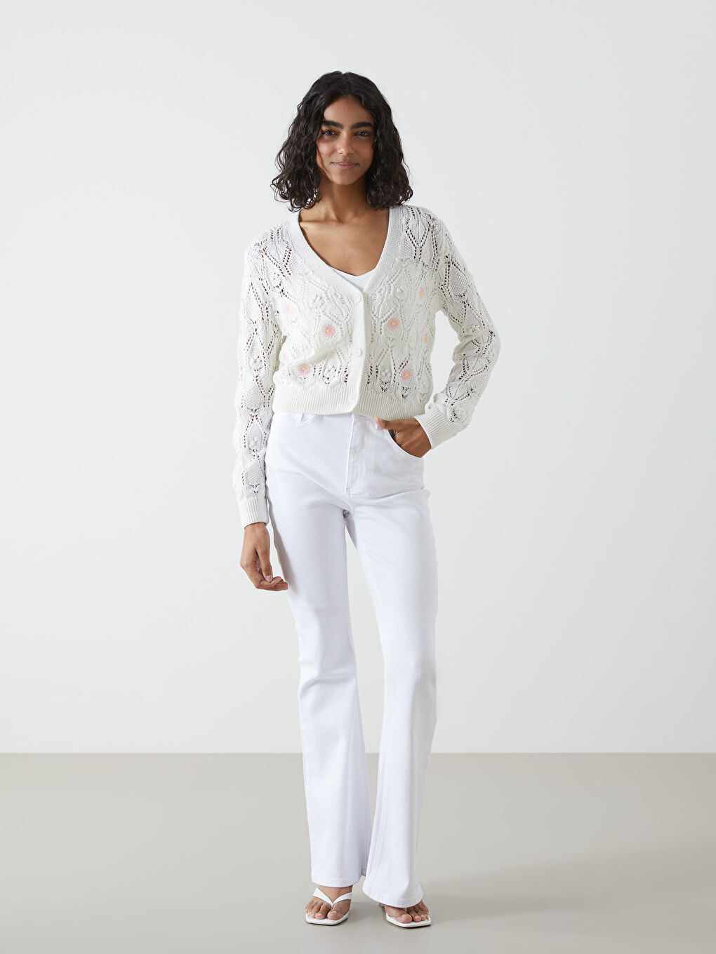 V Neck Flower Long Sleeve Women's Tricot Cardigan -S5J691Z8-R9J