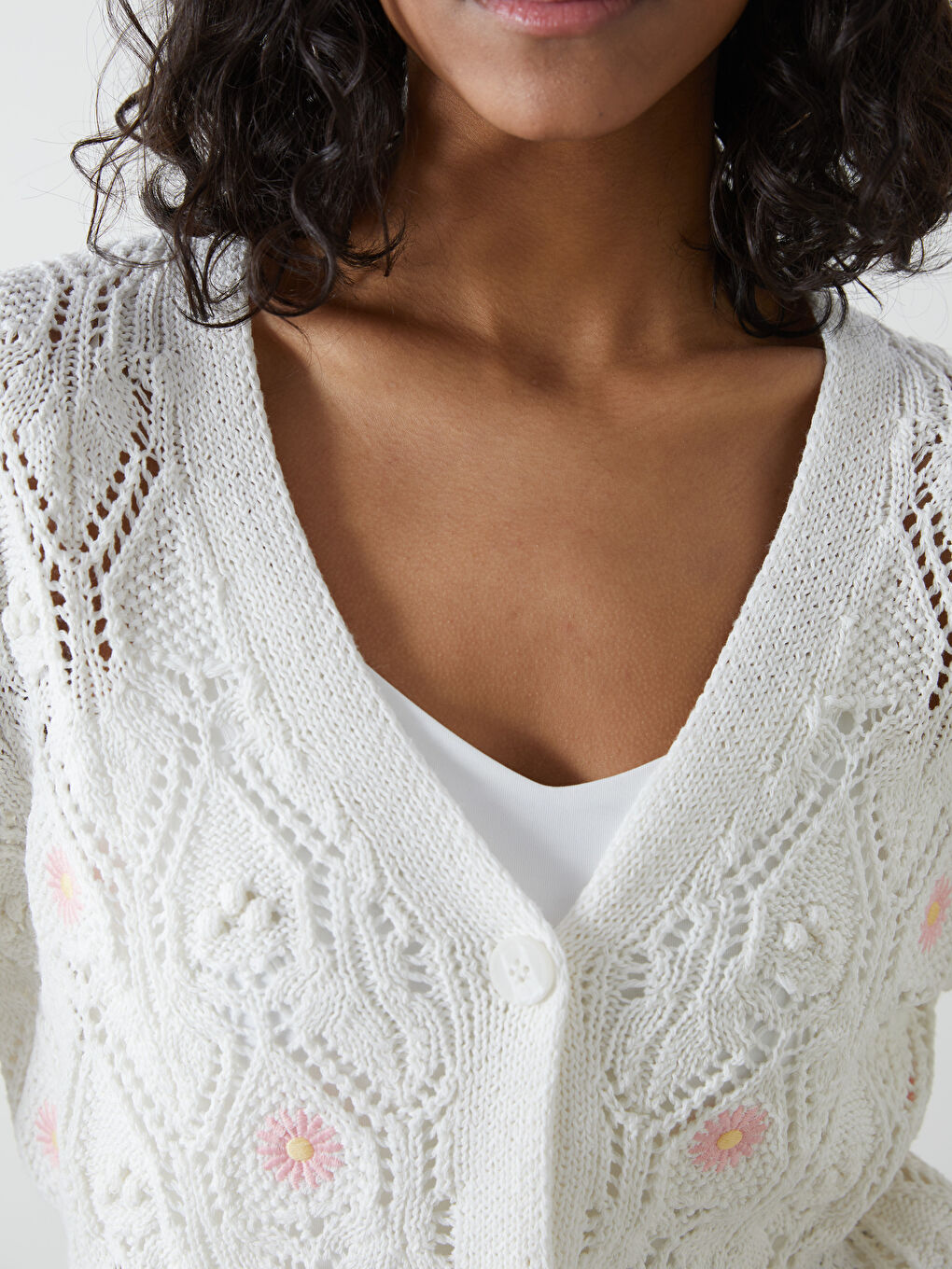 V Neck Flower Long Sleeve Women's Tricot Cardigan -S5J691Z8-R9J