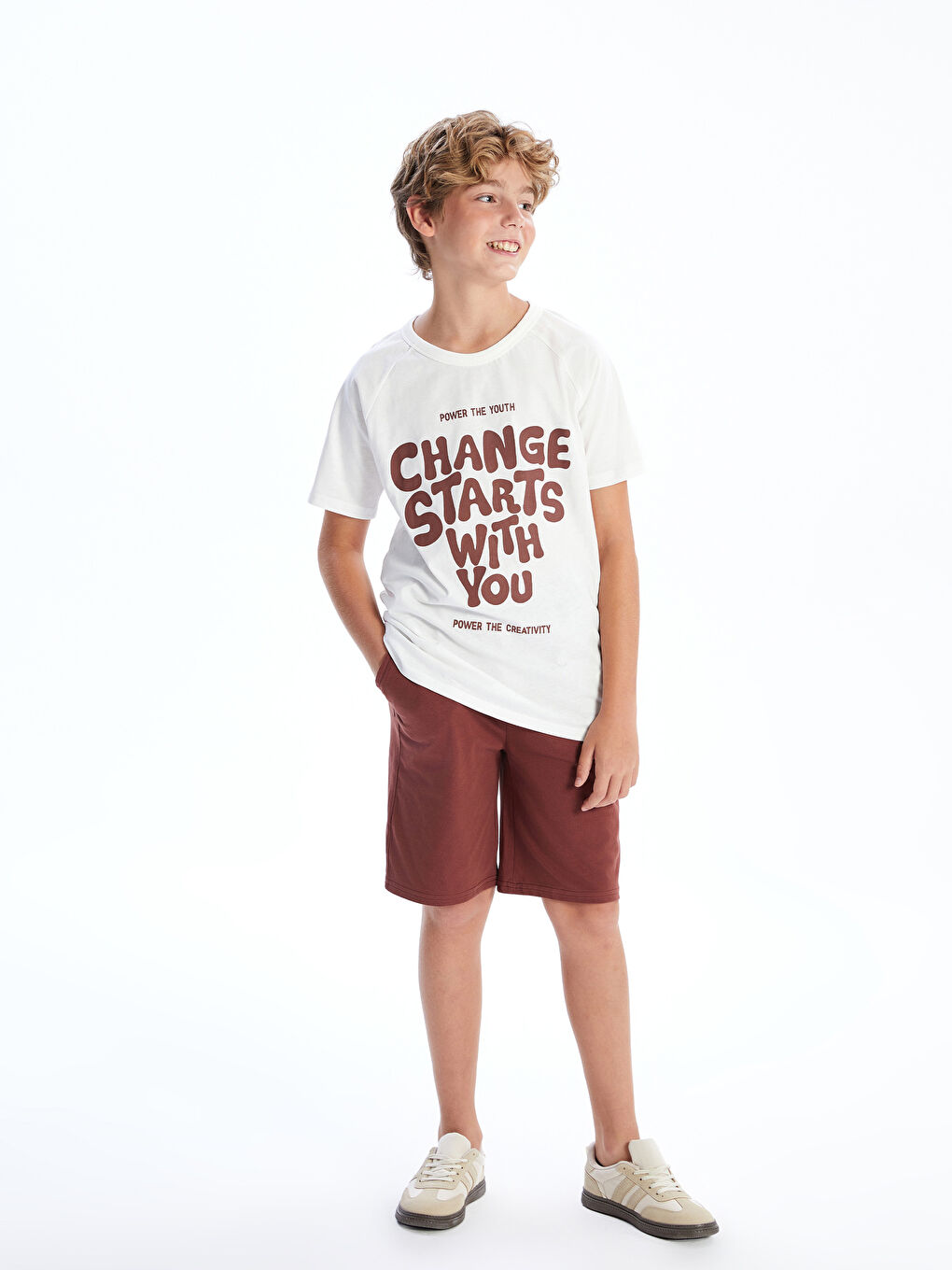 Ekru Bisiklet Yaka Erkek Çocuk Tişört ve Şort