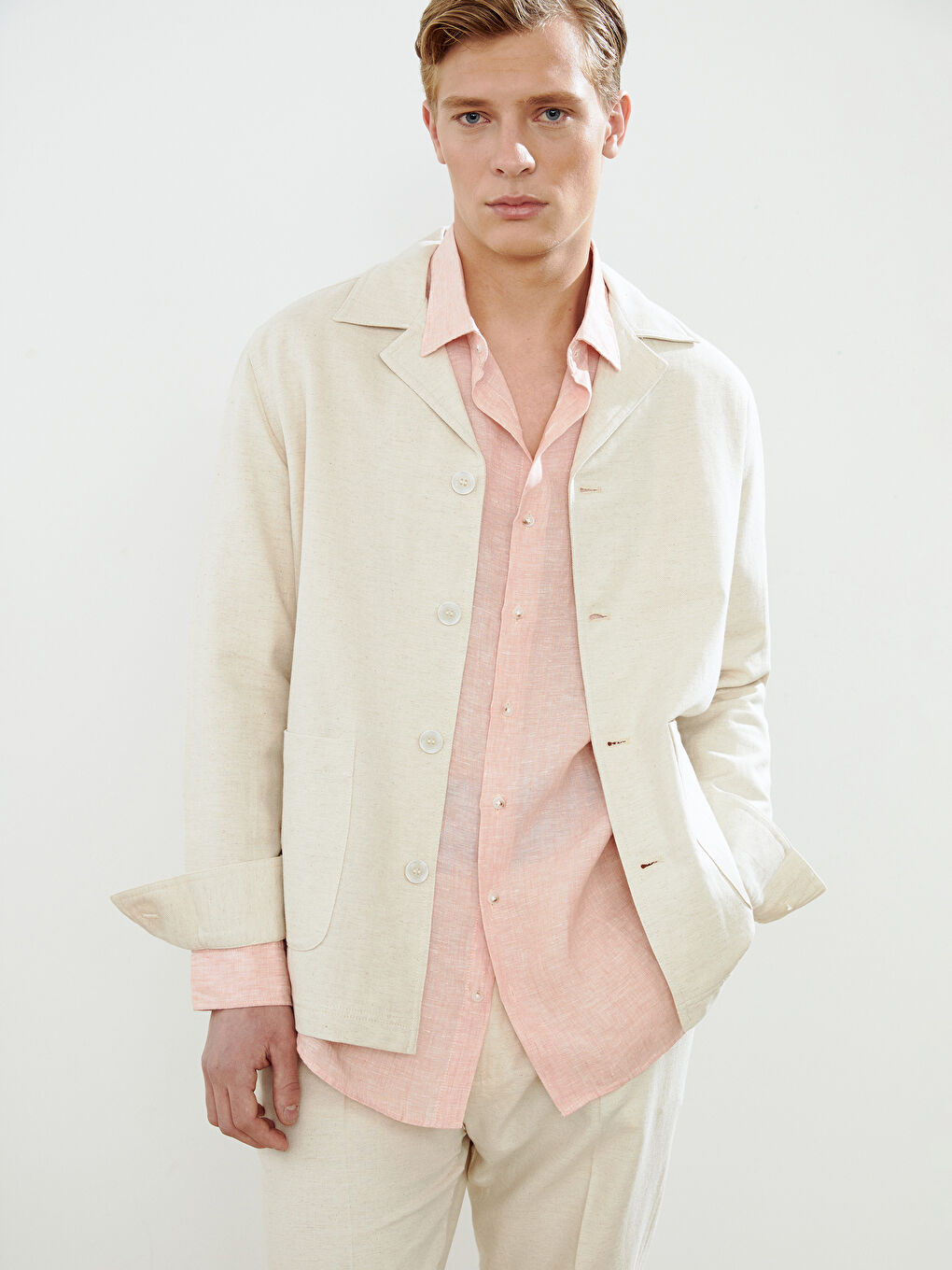 Standard Pattern Linen Look Men's Blazer Jacket -S5J935Z8-QSC