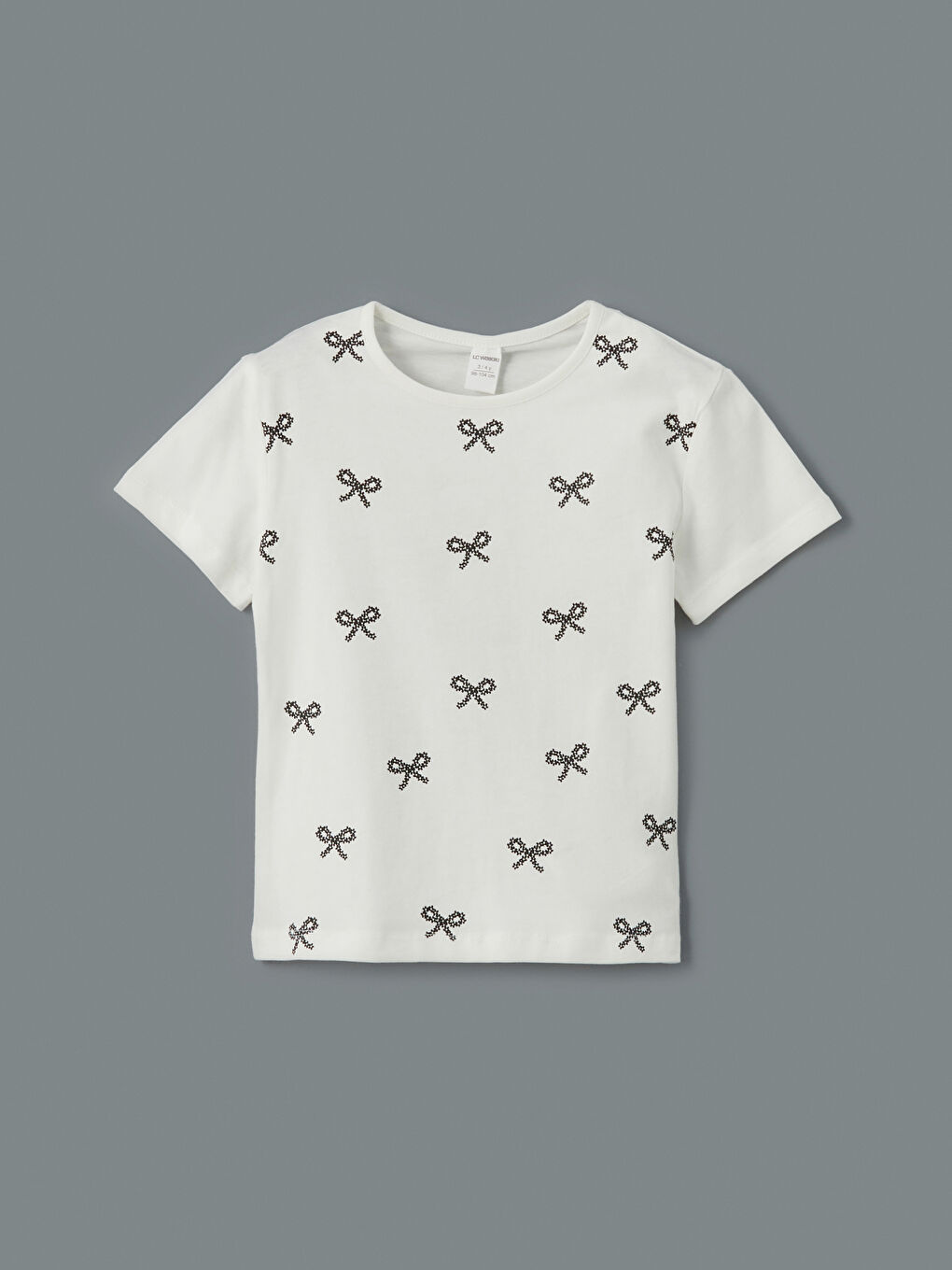 Ekru Bisiklet Yaka Kurdele Detaylı Kız Çocuk Tişört