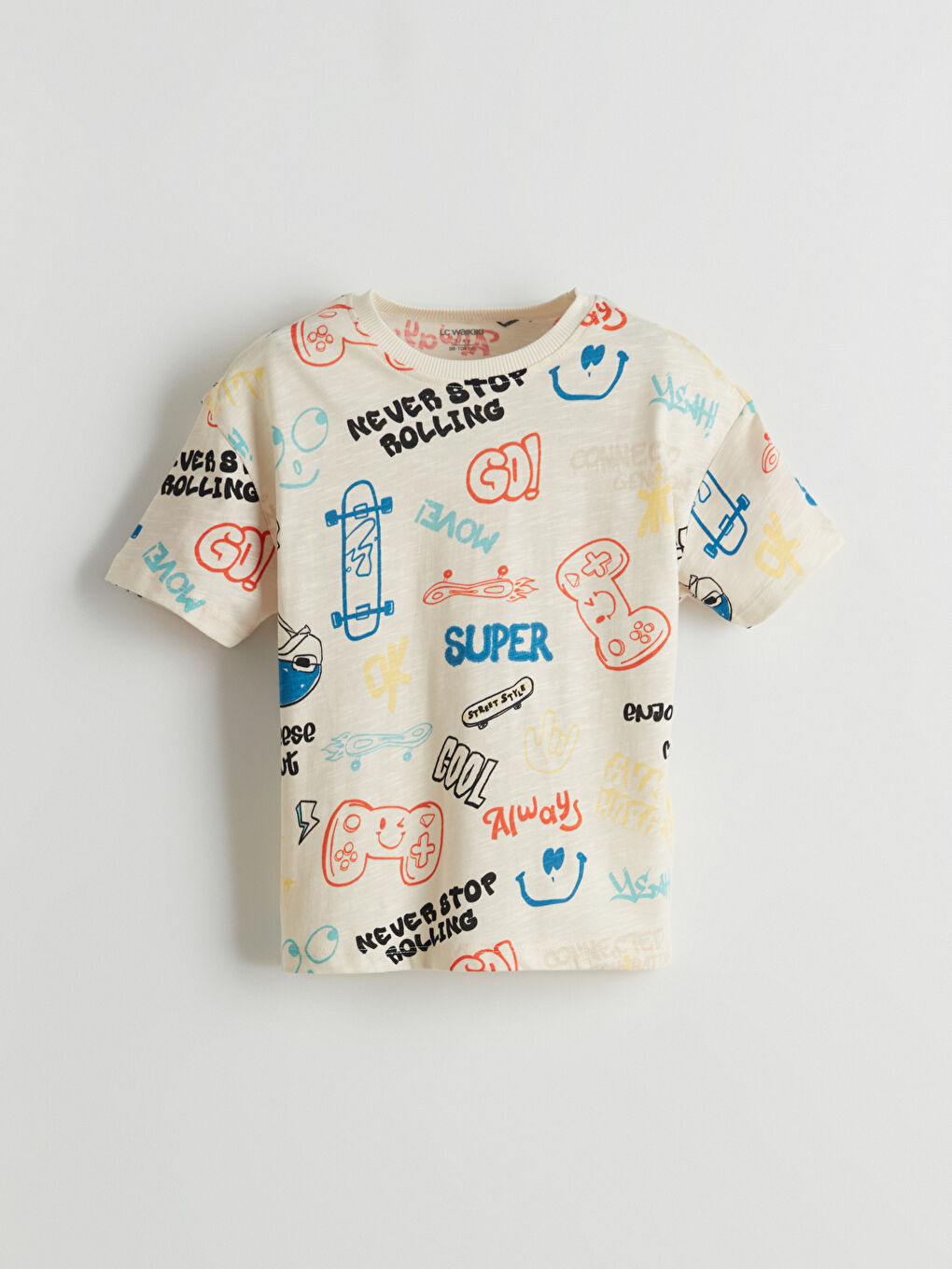 Bej Bisiklet Yaka Baskılı Erkek Çocuk Tişört-1