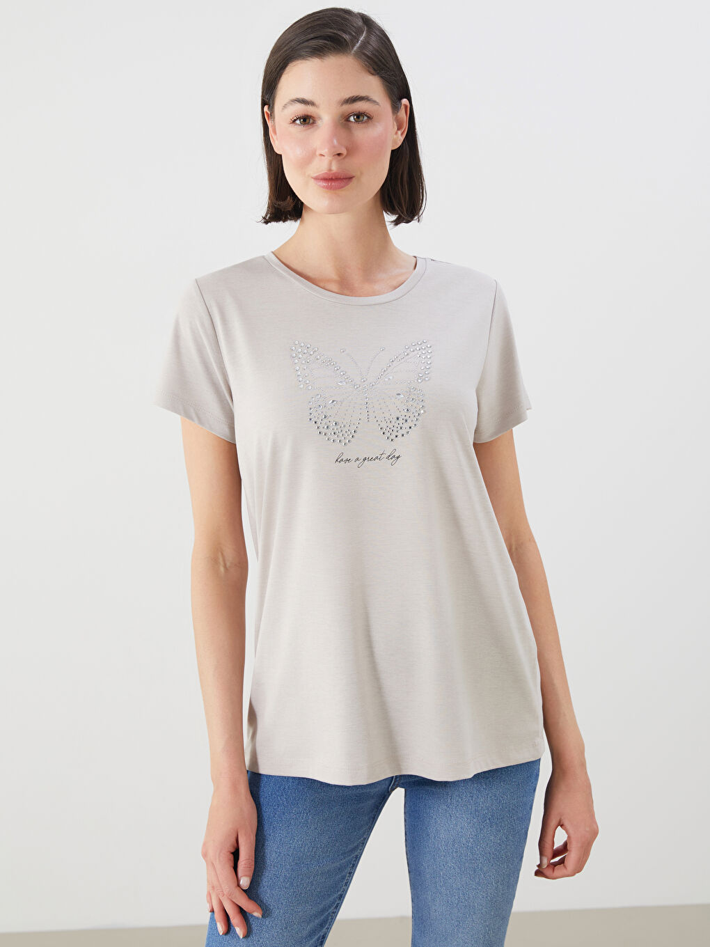 LCWAIKIKI Classic Crew Neck Embroidered Women's T-Shirt -S5JB65Z8-QYF