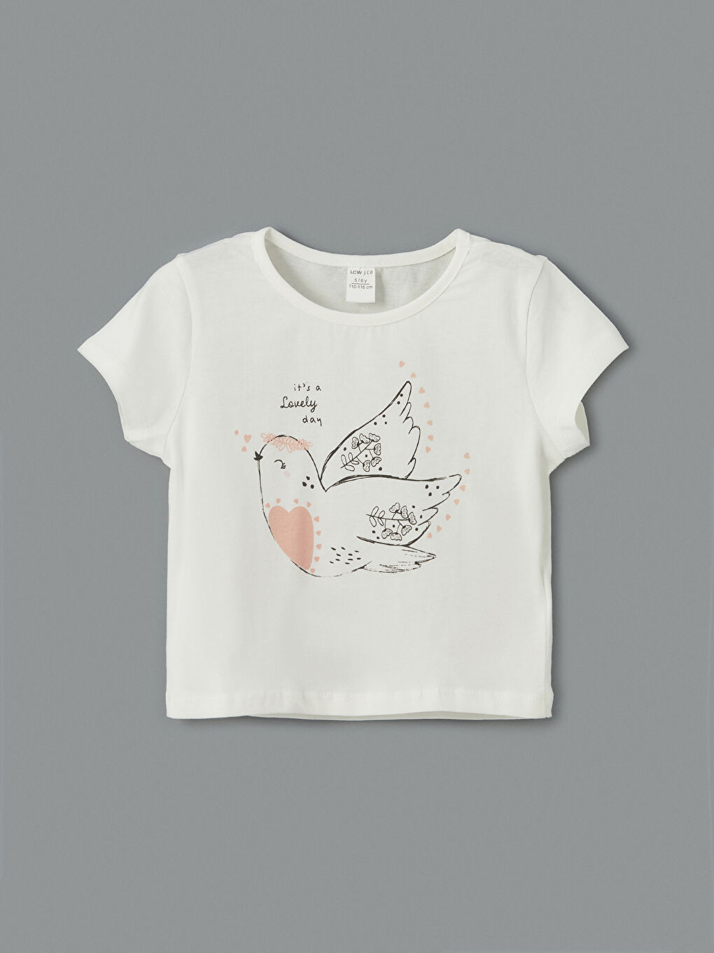 Beyaz Bisiklet Yaka Baskılı Kız Çocuk Tişört