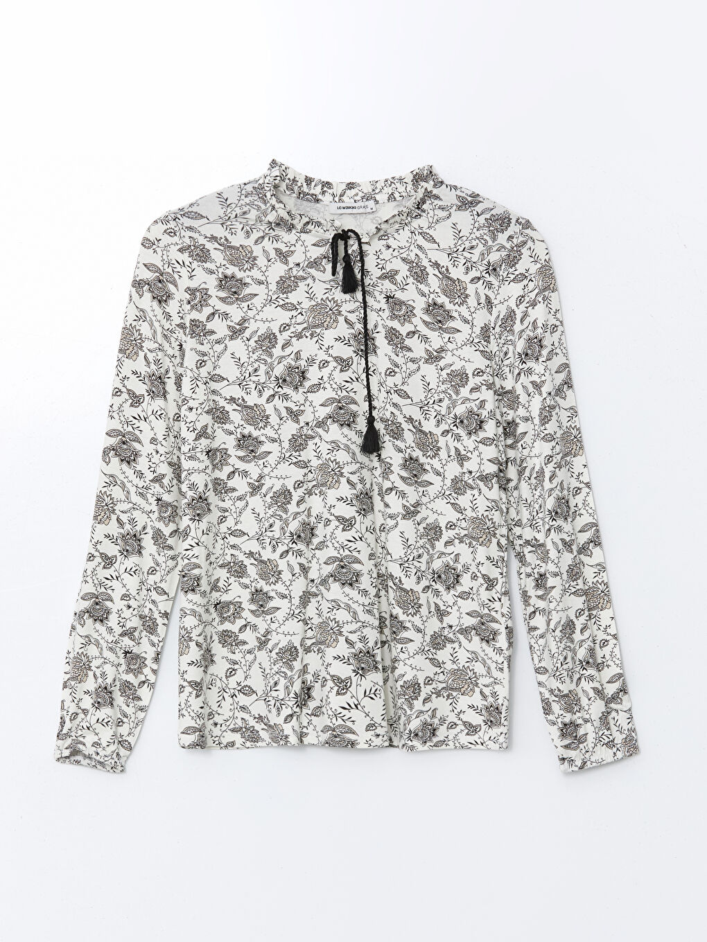 Ekru Bağlamalı Yaka Desenli Kadın Bluz-4