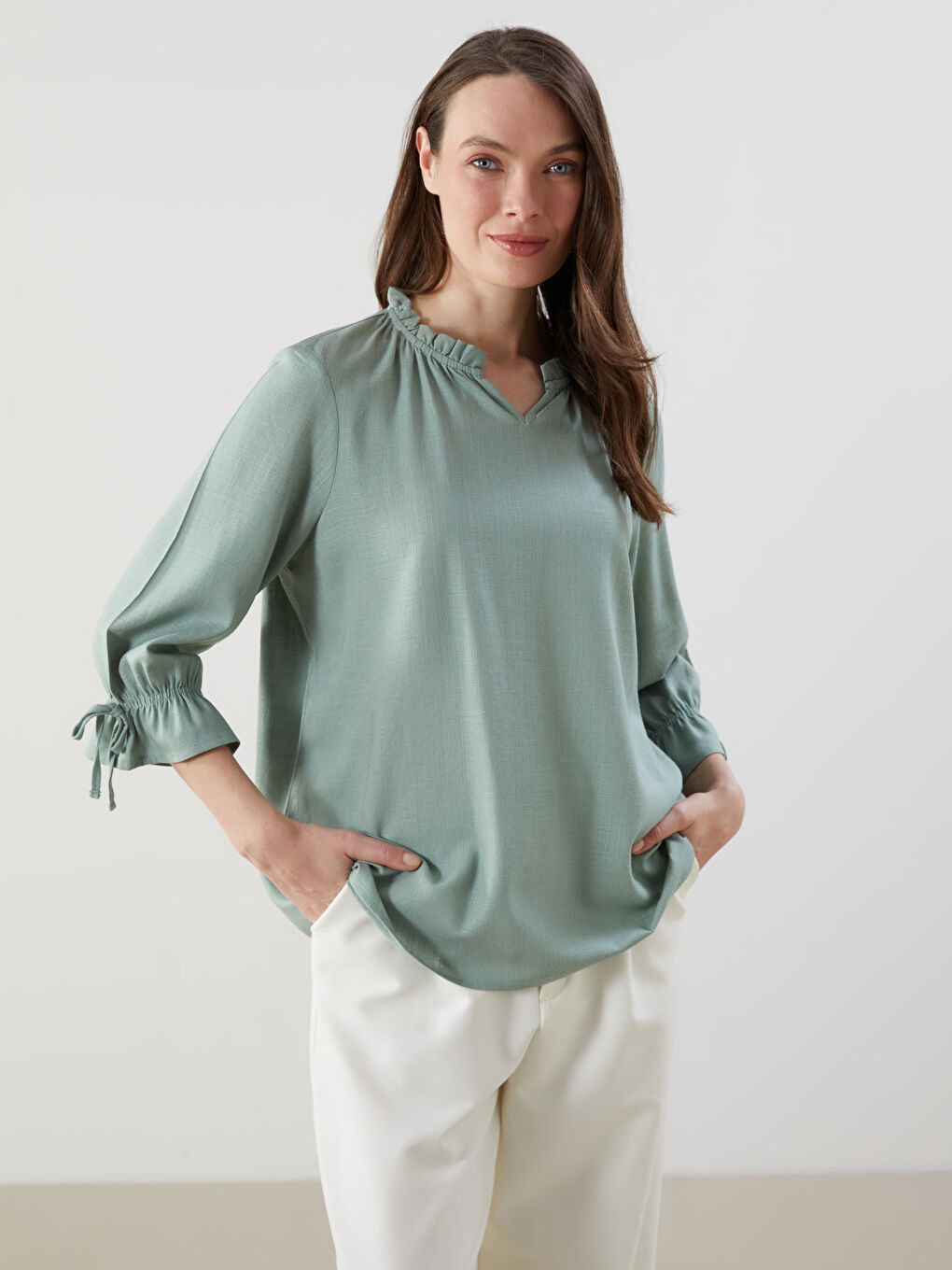 Bluză Basic din Amestec de In cu Decolteu în V