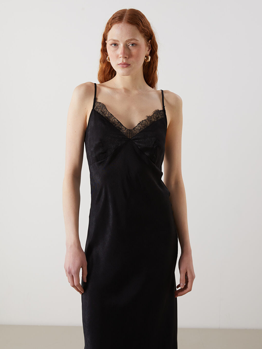 LC Waikiki V Neck Lace Detailed Satin Women's Dress -S5JC95Z8-CVL