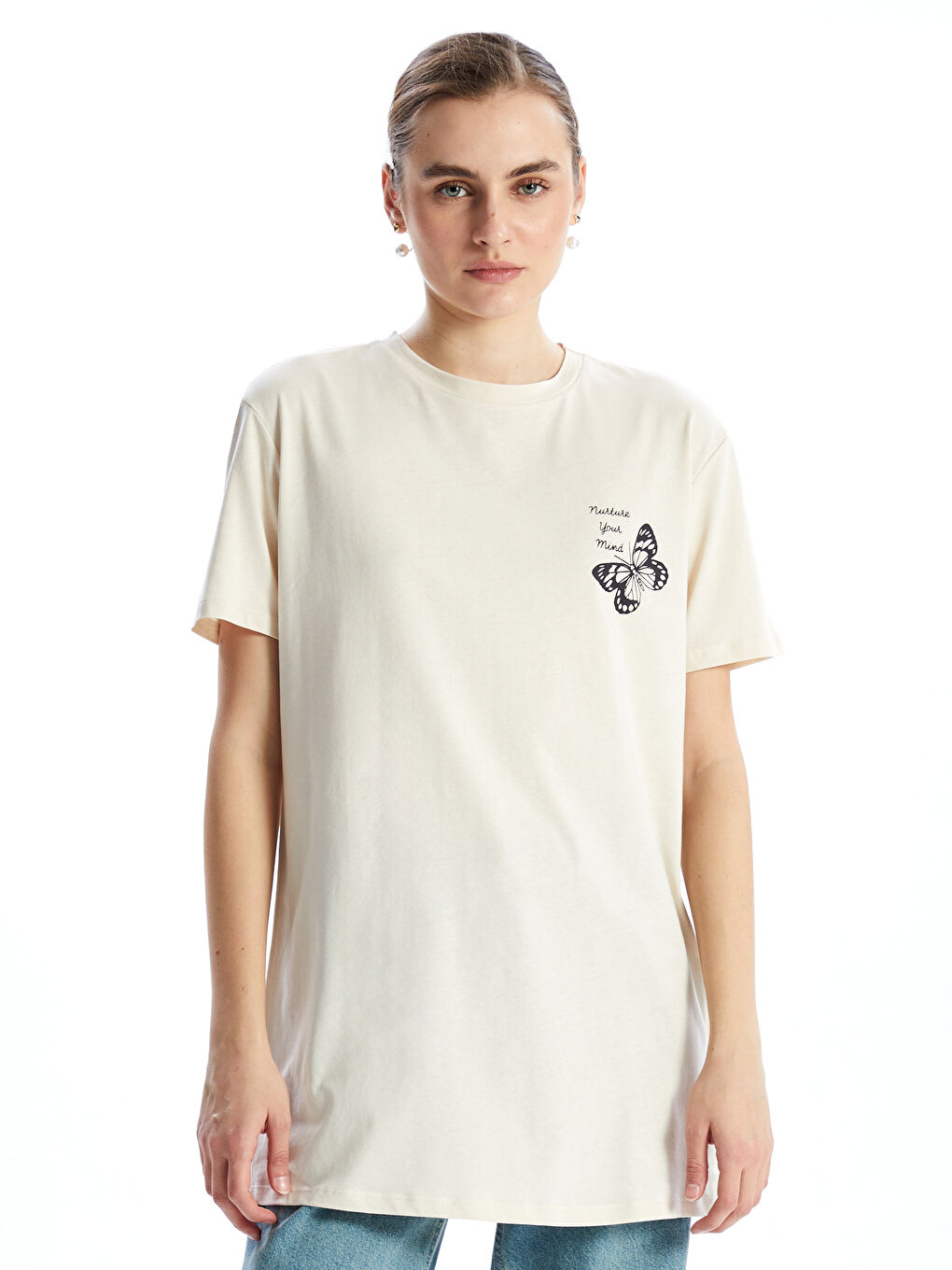 Bej Bisiklet Yaka Baskılı Kadın Tunik