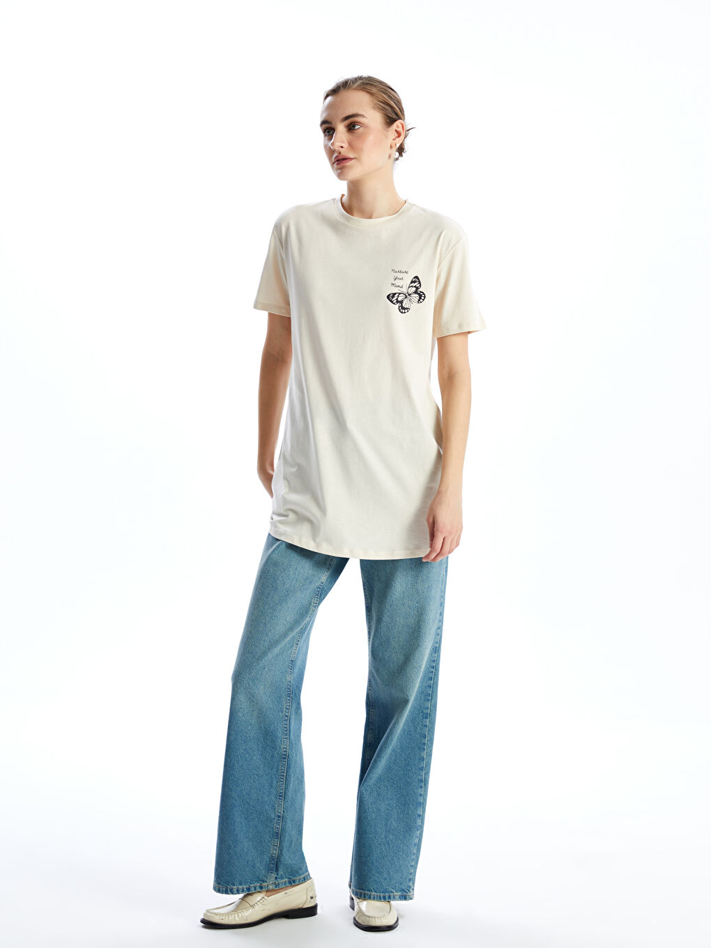 Bej Bisiklet Yaka Baskılı Kadın Tunik-1