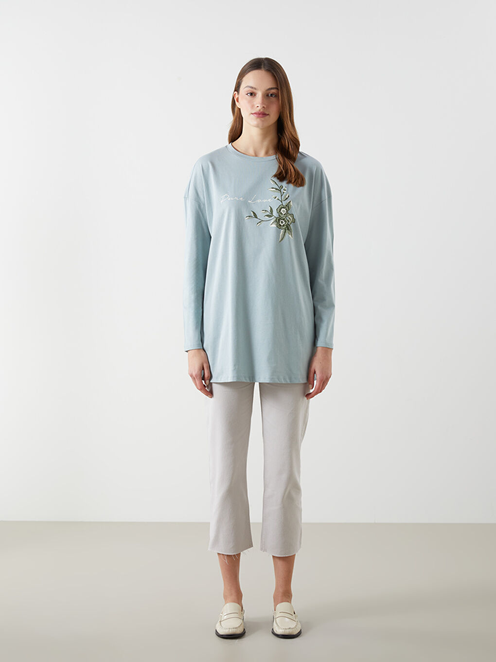 Yeşil Bisiklet Yaka Çiçekli Kadın Tunik-1