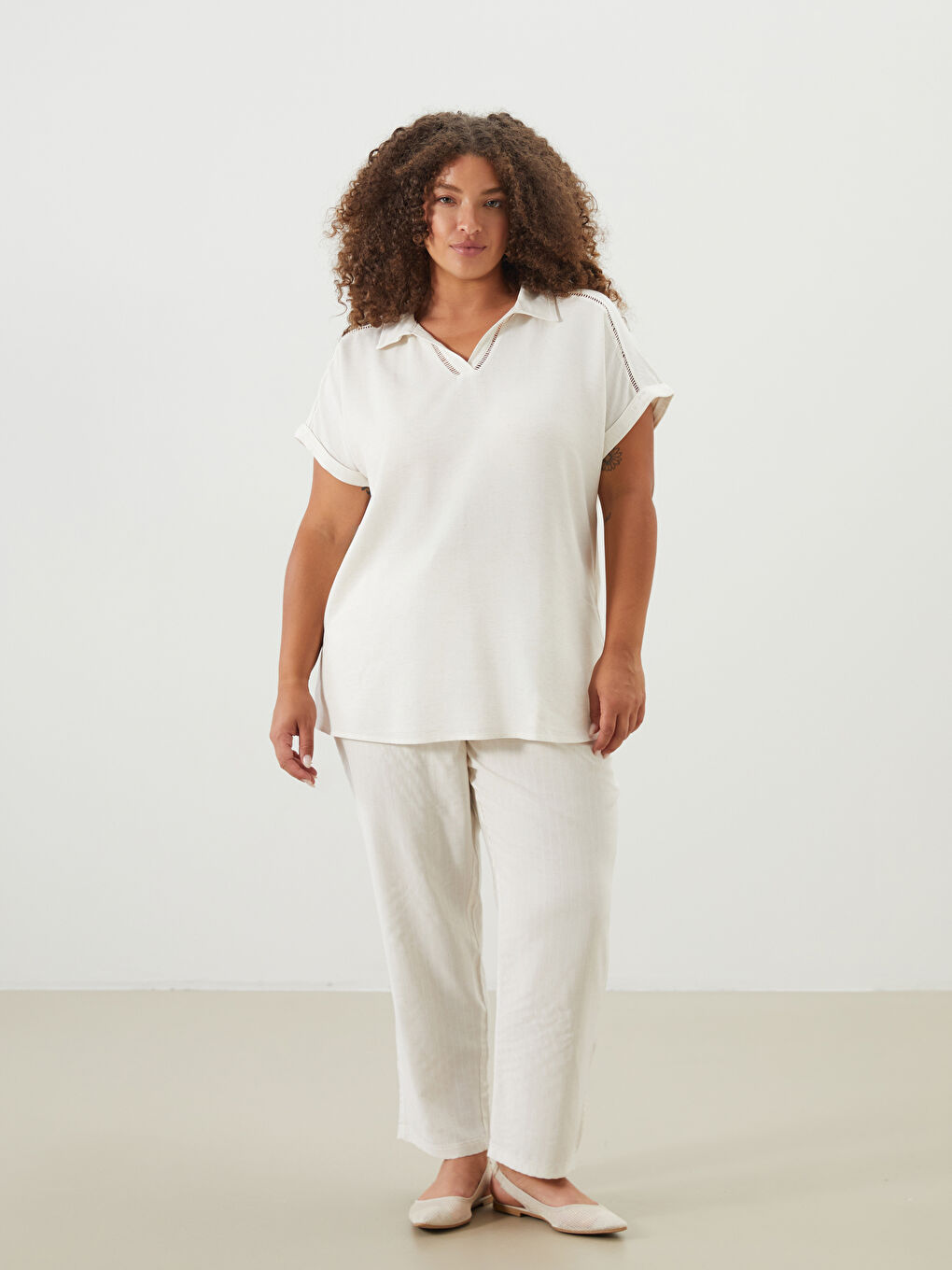 LCW Grace Collared Neck Linen Blend Women's Blouse -S5JD30Z8-D1N