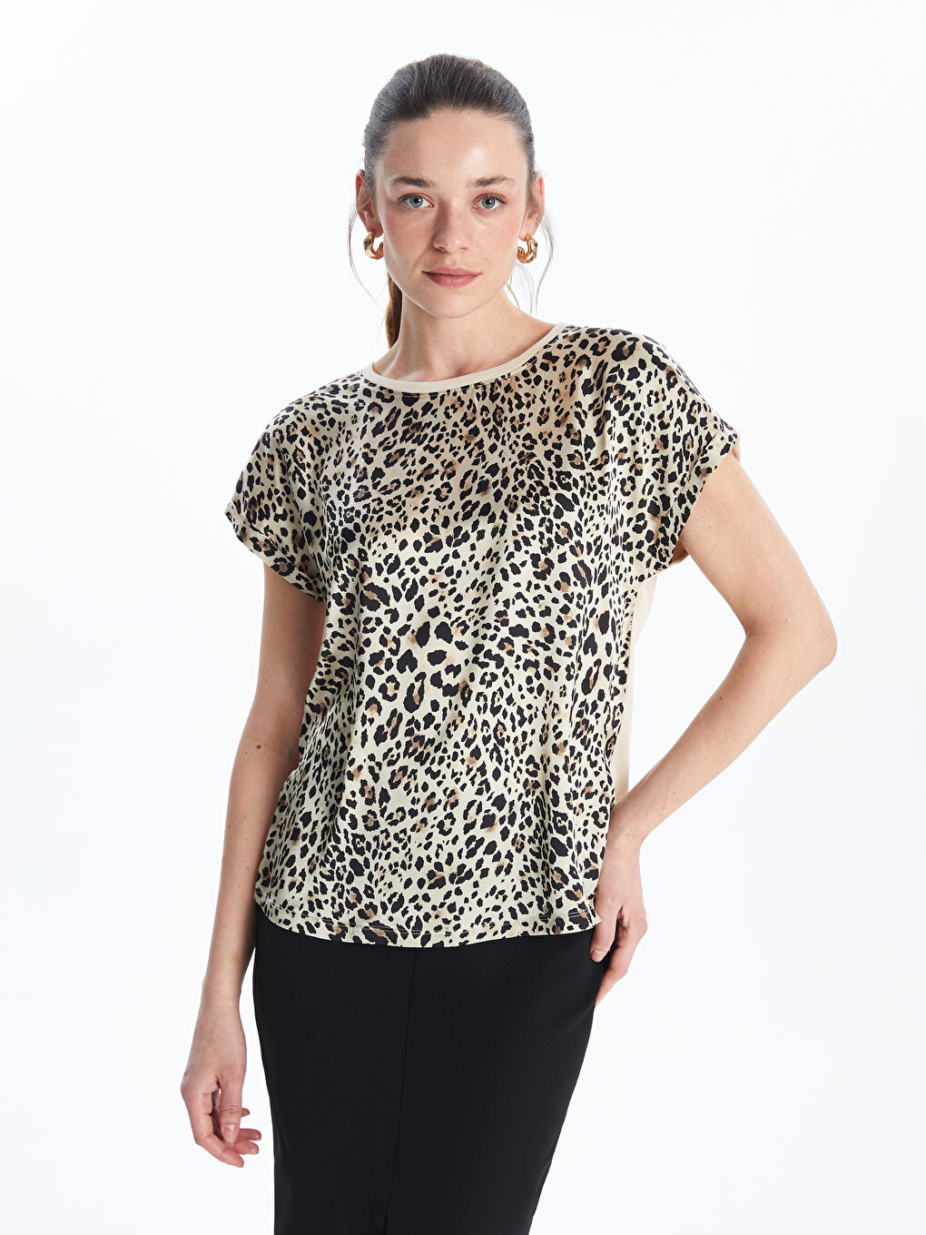 Crew Neck Leopard Patterned Women's T-Shirt -S5JD51Z8-LQY