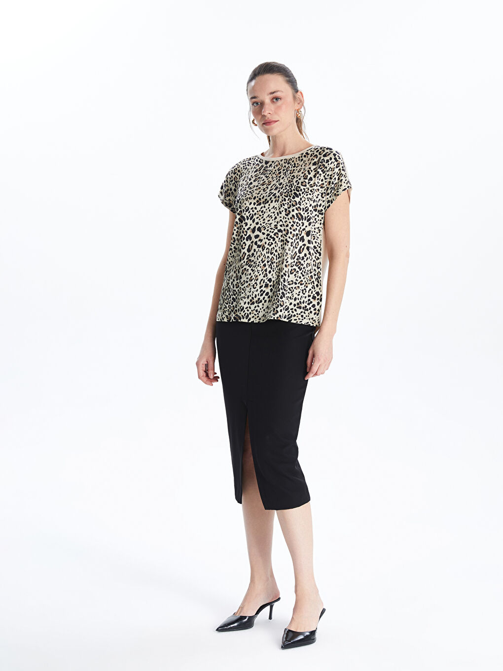 Crew Neck Leopard Patterned Women's T-Shirt -S5JD51Z8-LQY