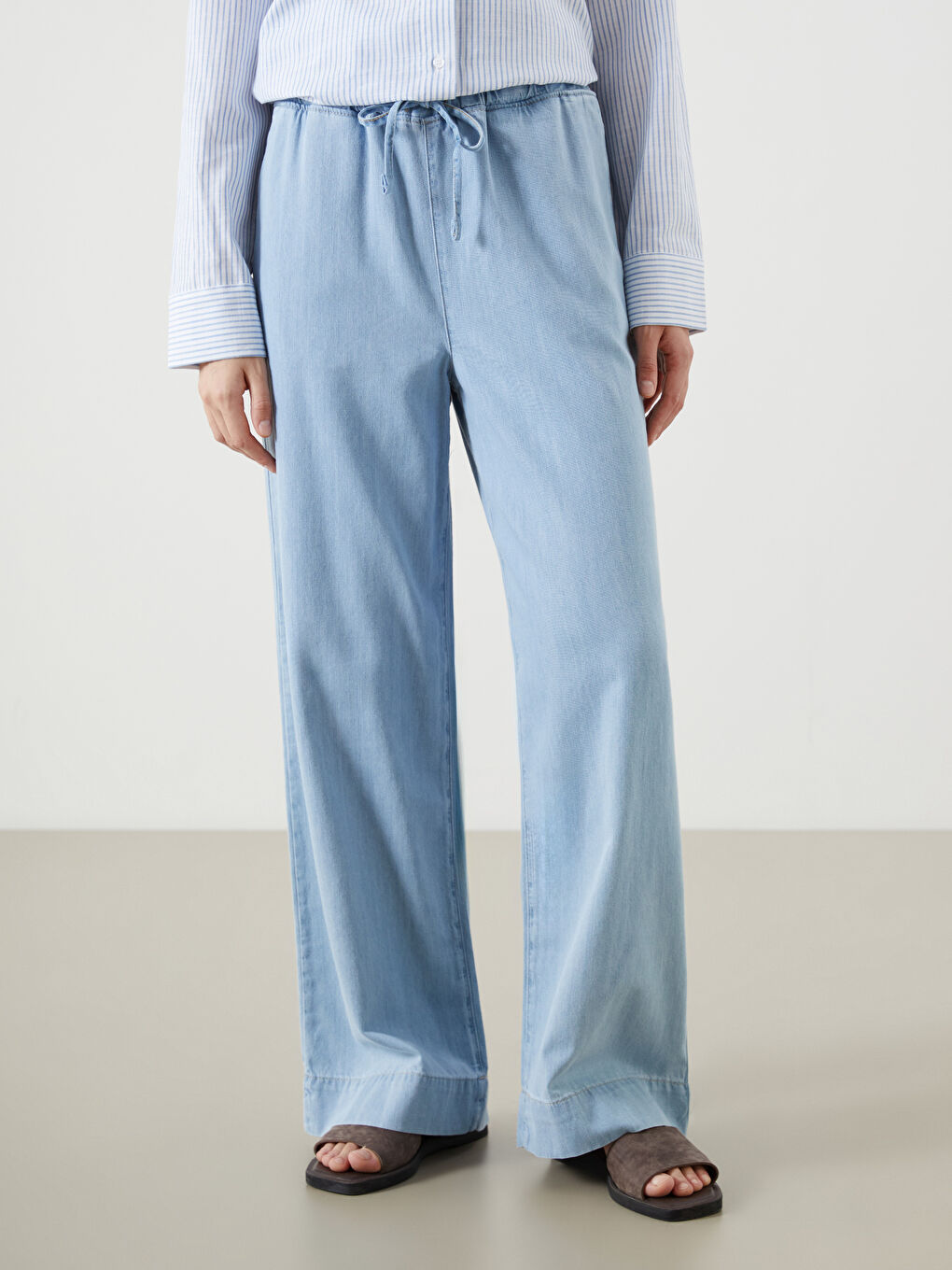 İndigo Beli Lastikli Wideleg Kadın Jean Pantolon-1