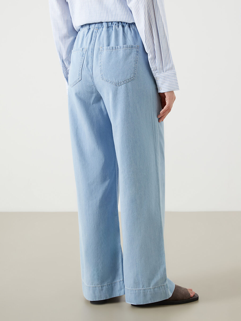 İndigo Beli Lastikli Wideleg Kadın Jean Pantolon-3