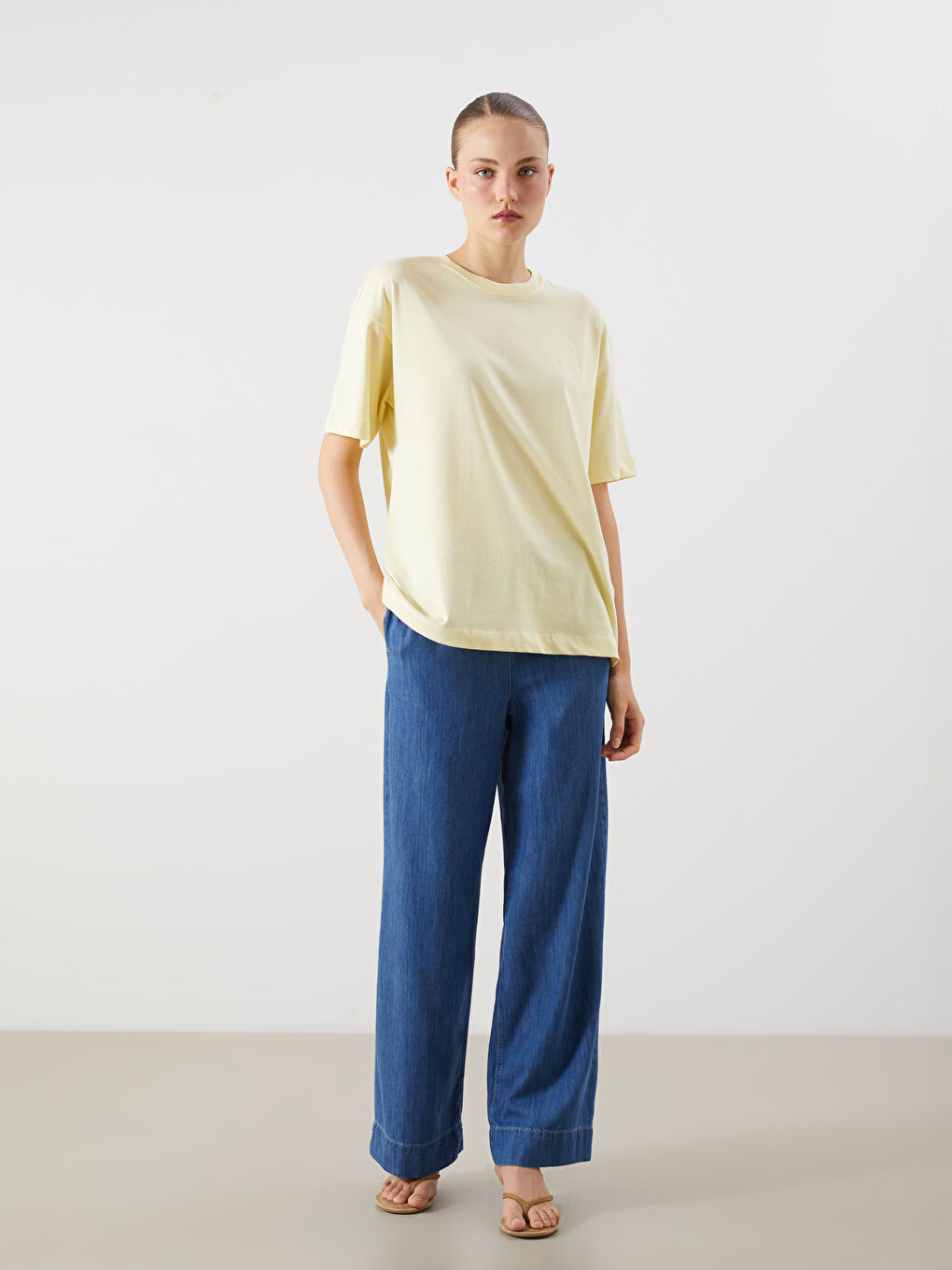 İndigo Beli Lastikli Wideleg Kadın Jean Pantolon