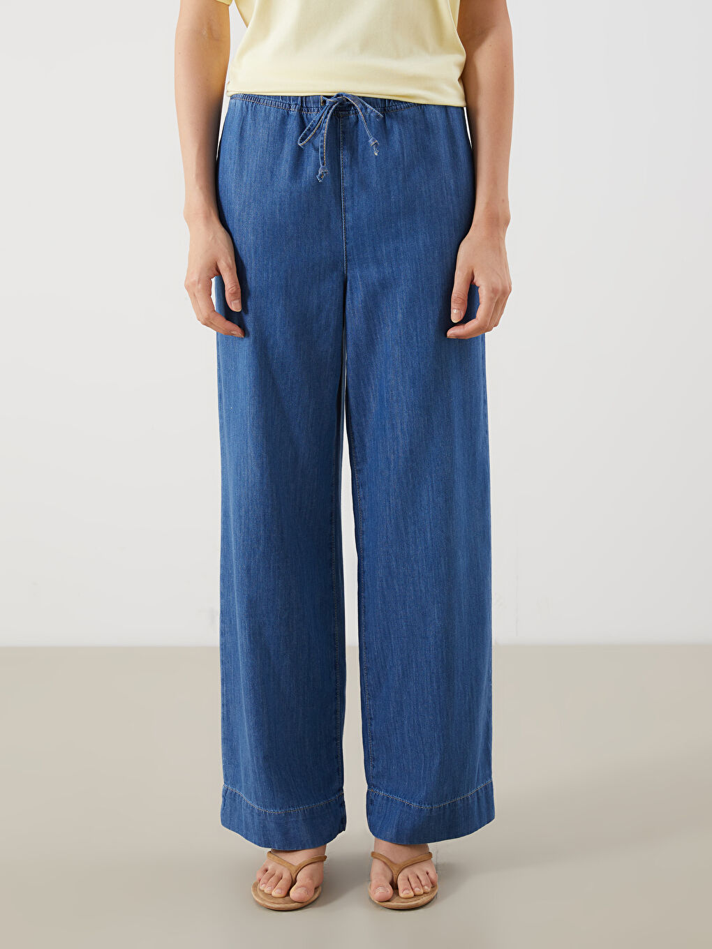 İndigo Beli Lastikli Wideleg Kadın Jean Pantolon-1