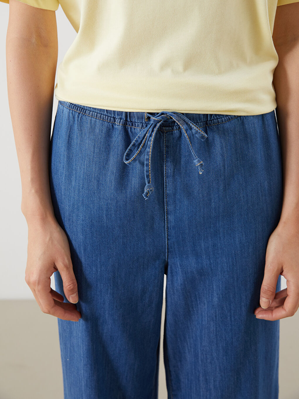 İndigo Beli Lastikli Wideleg Kadın Jean Pantolon-2