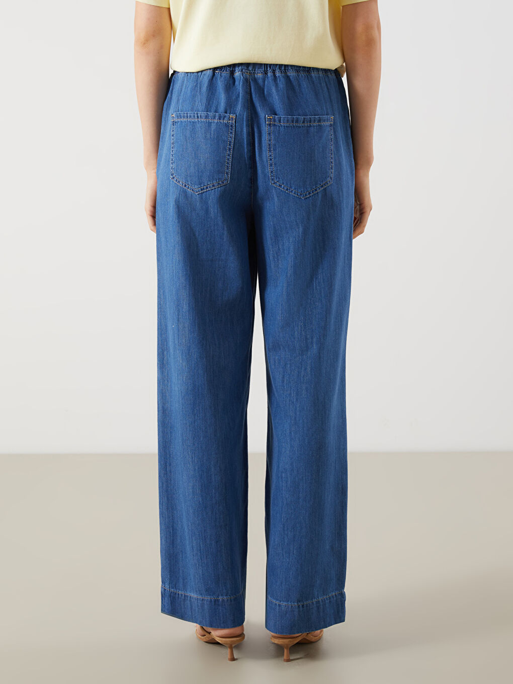 İndigo Beli Lastikli Wideleg Kadın Jean Pantolon-3