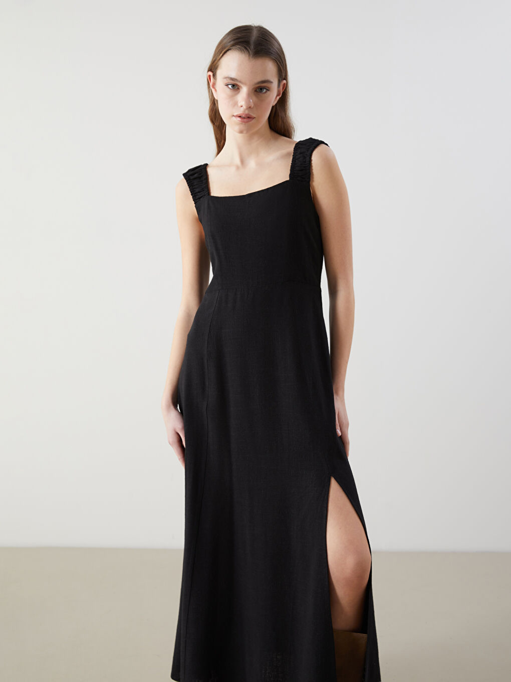 Square Collar Fitted Waist Linen Blend Dress