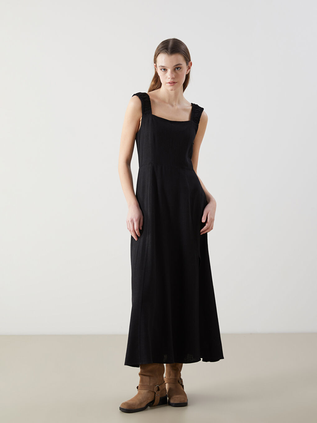 Square Collar Fitted Waist Linen Blend Dress-1