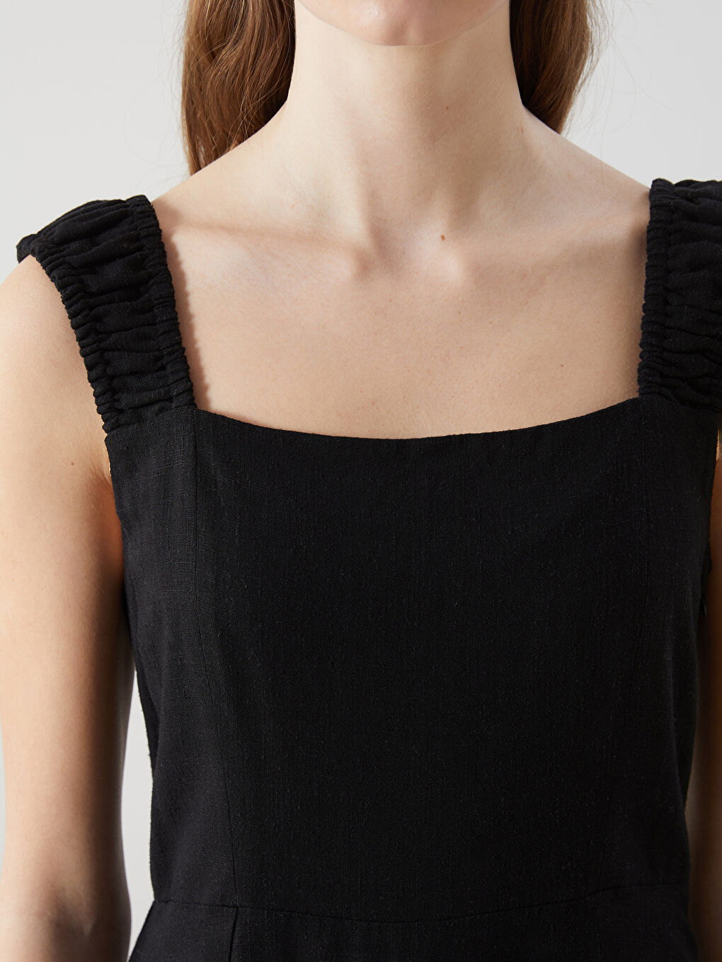Square Collar Fitted Waist Linen Blend Dress-2