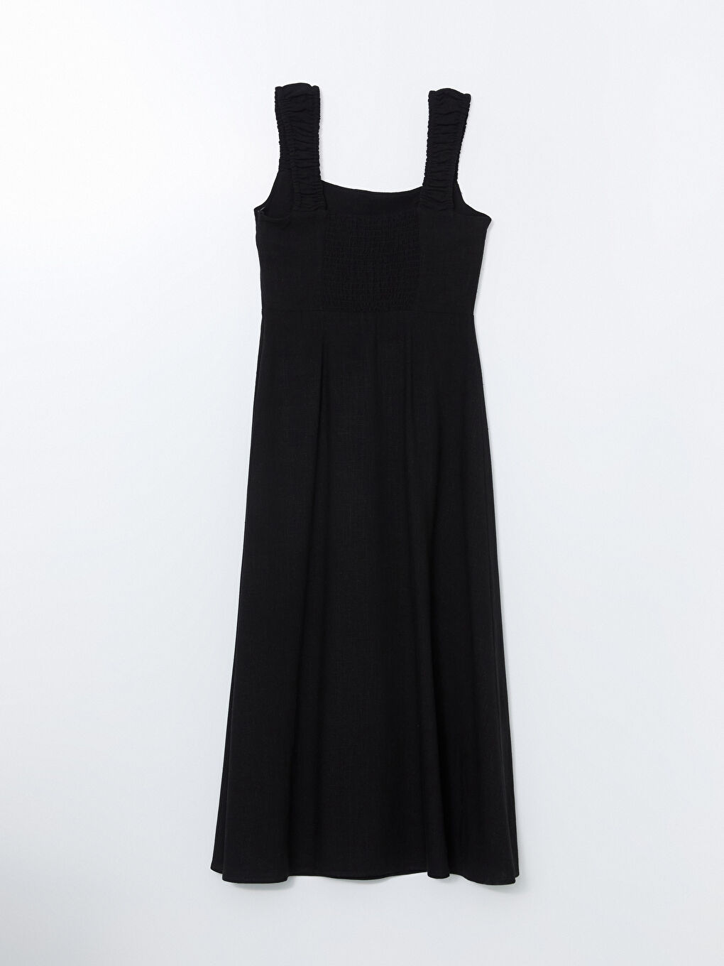 Square Collar Fitted Waist Linen Blend Dress-5